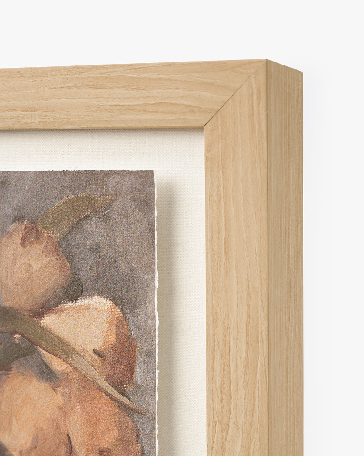 A close-up of the Orange Florals Still Life shows a wooden picture frame with canvas, featuring beige and greenish watercolor art possibly depicting fruit or flowers, set against a plain white background by McGee & Co.