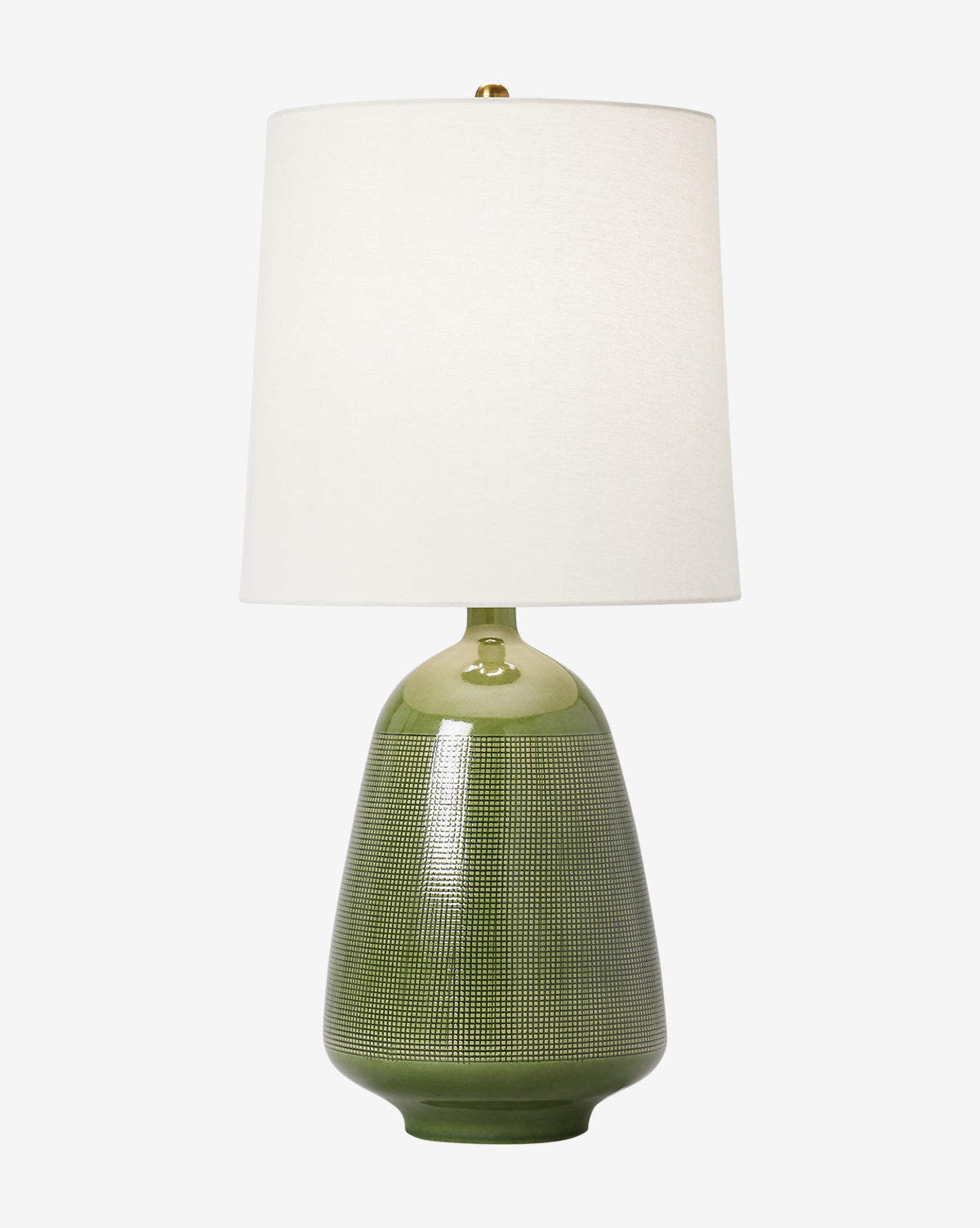 The Ornella Table Lamp features a textured, glossy green ceramic base and a large white cylindrical shade, displayed against a plain white background, by McGee & Co.