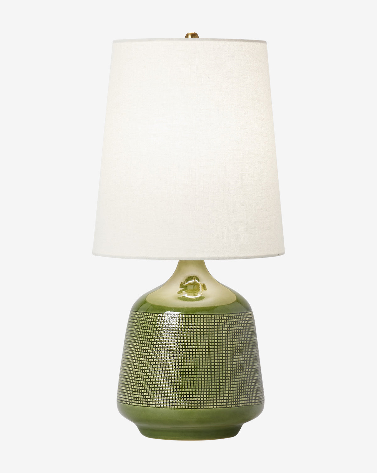 The Ornella Table Lamp boasts a wide, rounded green ceramic base with a textured design and a plain white fabric shade, making it a stylish decorative lamp for any room, by McGee & Co.