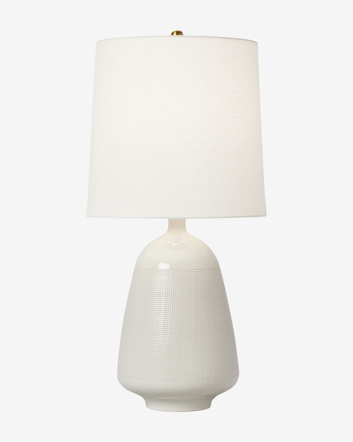 The Ornella Table Lamp showcases a textured off-white ceramic base with a cylindrical white fabric shade, creating an elegant accent against a plain white background, by McGee & Co.