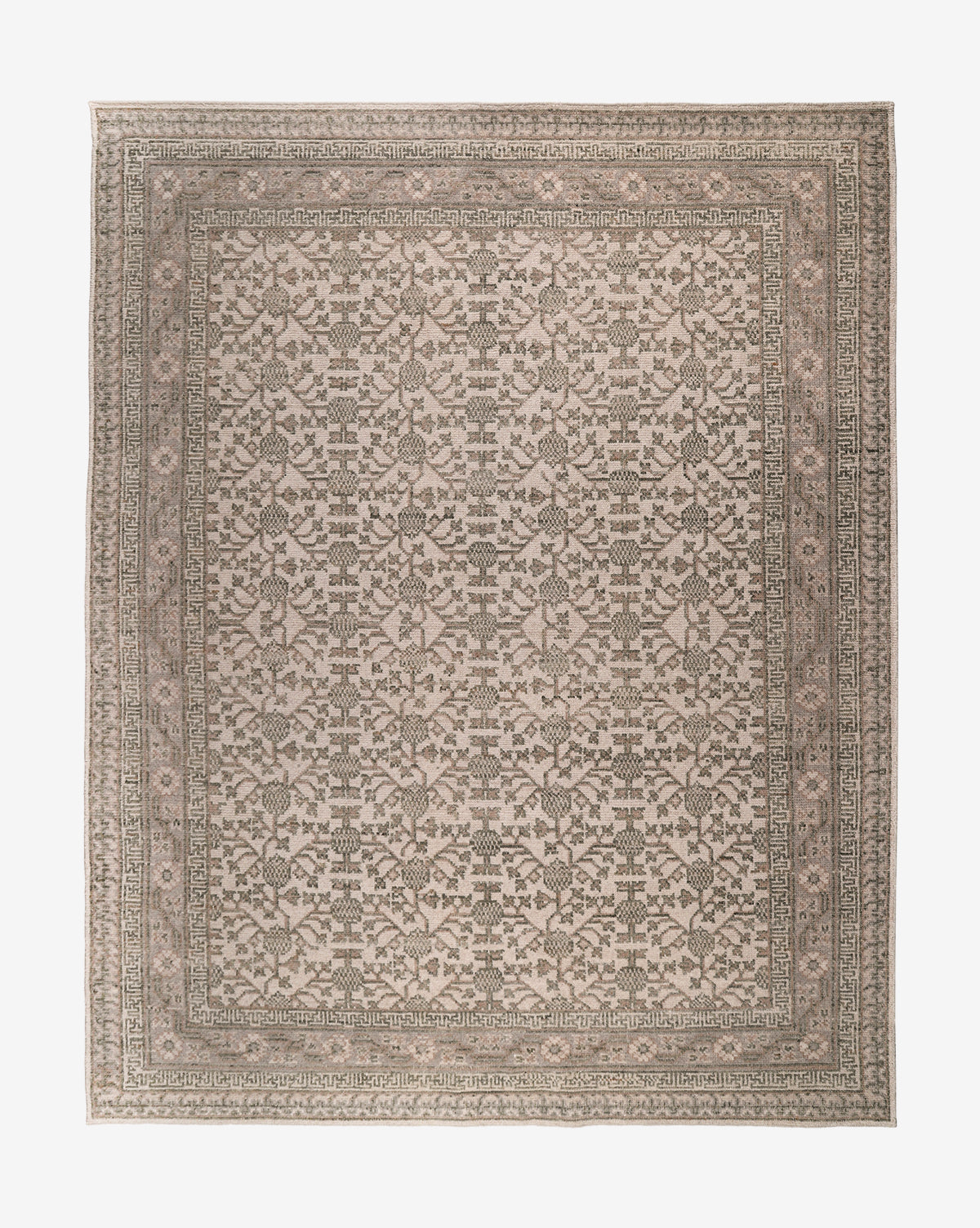 The Orsino Hand-Knotted Rug features an antique-style rectangular design with an intricate, symmetrical geometric and floral pattern in muted beige, taupe, and gray tones, finished with multiple decorative borders, by McGee & Co.