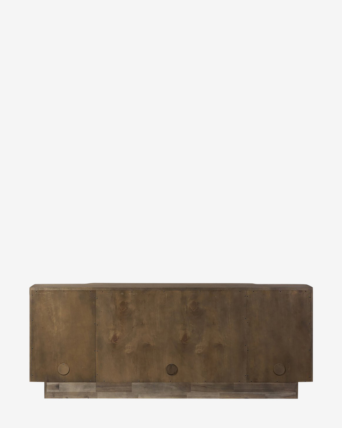 The Oswin Sideboard features a rustic brown weathered oak finish, break-front design, three doors with round metal handles, and is showcased against a plain white background by McGee & Co.