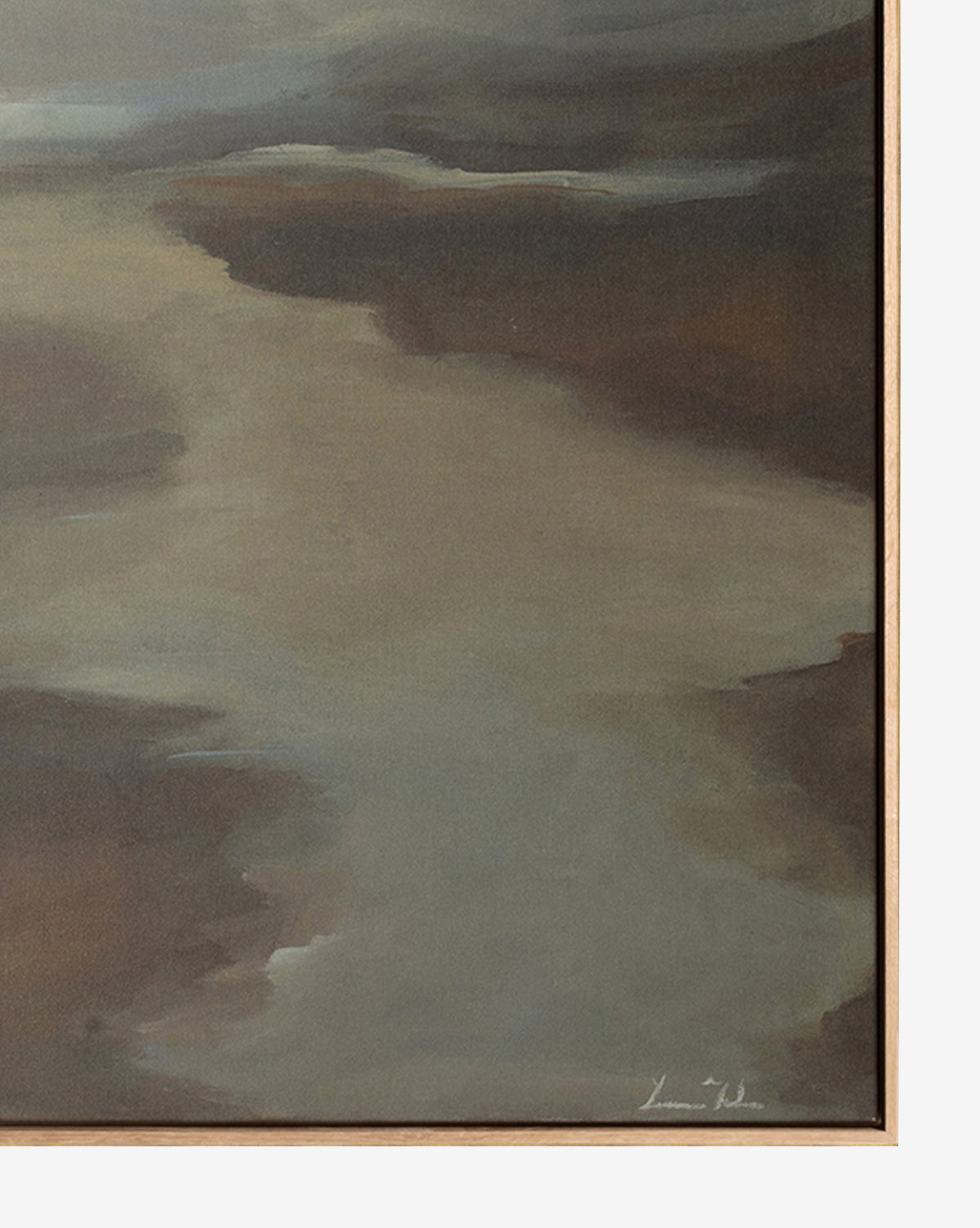 Fog II by Lauren Fuhr is an abstract landscape featuring soft brown, gray, and beige tones. This moody, calming vertical wall art comes elegantly framed with a light wooden border.