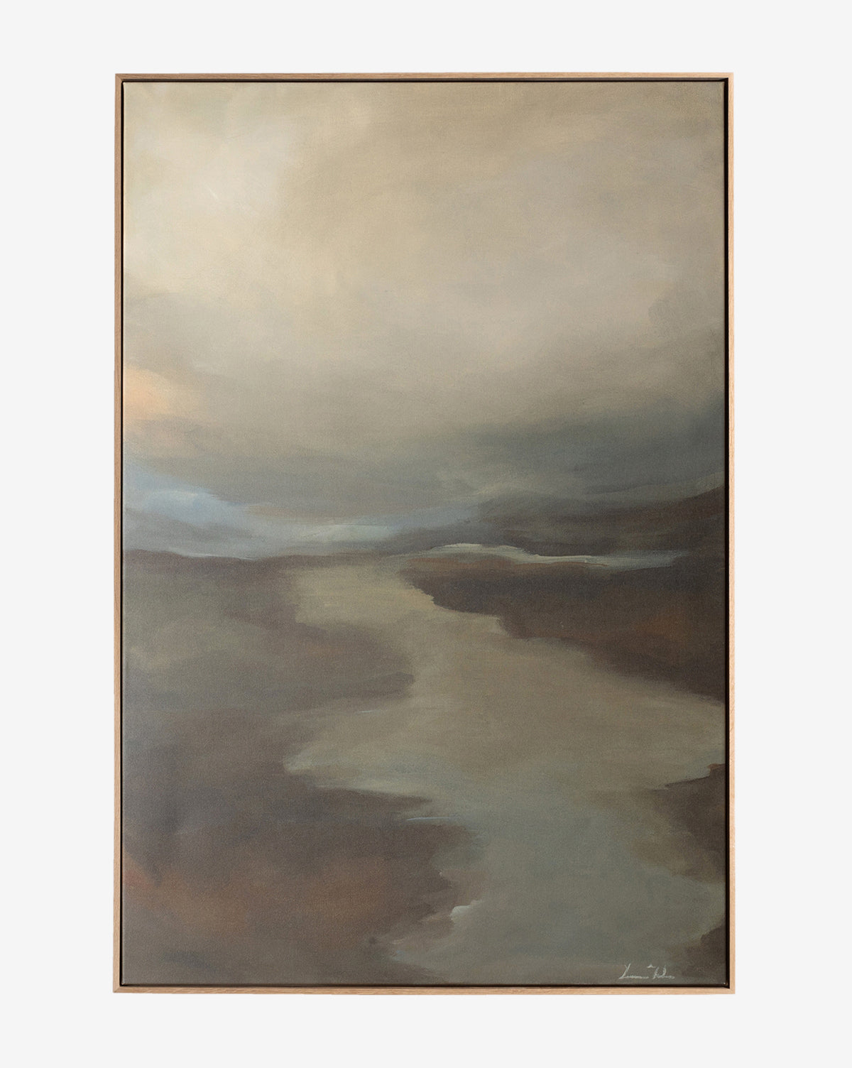 Fog II by Lauren Fuhr is a framed vertical wall art showcasing a moody landscape in soft, muted browns, grays, and blues, depicting a cloudy sky over a winding river or path.