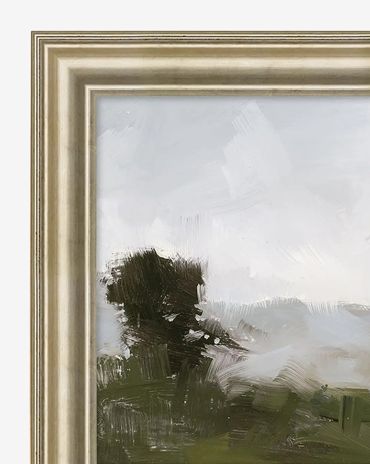 Close-up of Overlook View I by Monique Lazard—a framed painting with textured brushstrokes showing a serene landscape, dark tree, muted green and gray tones under a pale sky. The light frame has decorative grooves, by McGee & Co.