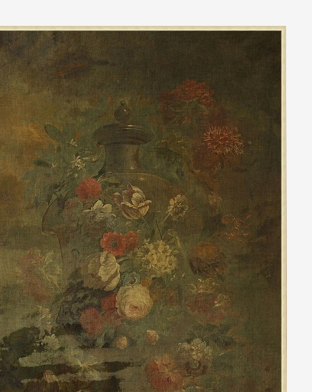 Oxidized Florals is a vintage-style painting depicting a glass vase with colorful flowers like roses and dahlias against a dark backdrop, finished with a soft, faded texture for an aged, classic look by McGee & Co.