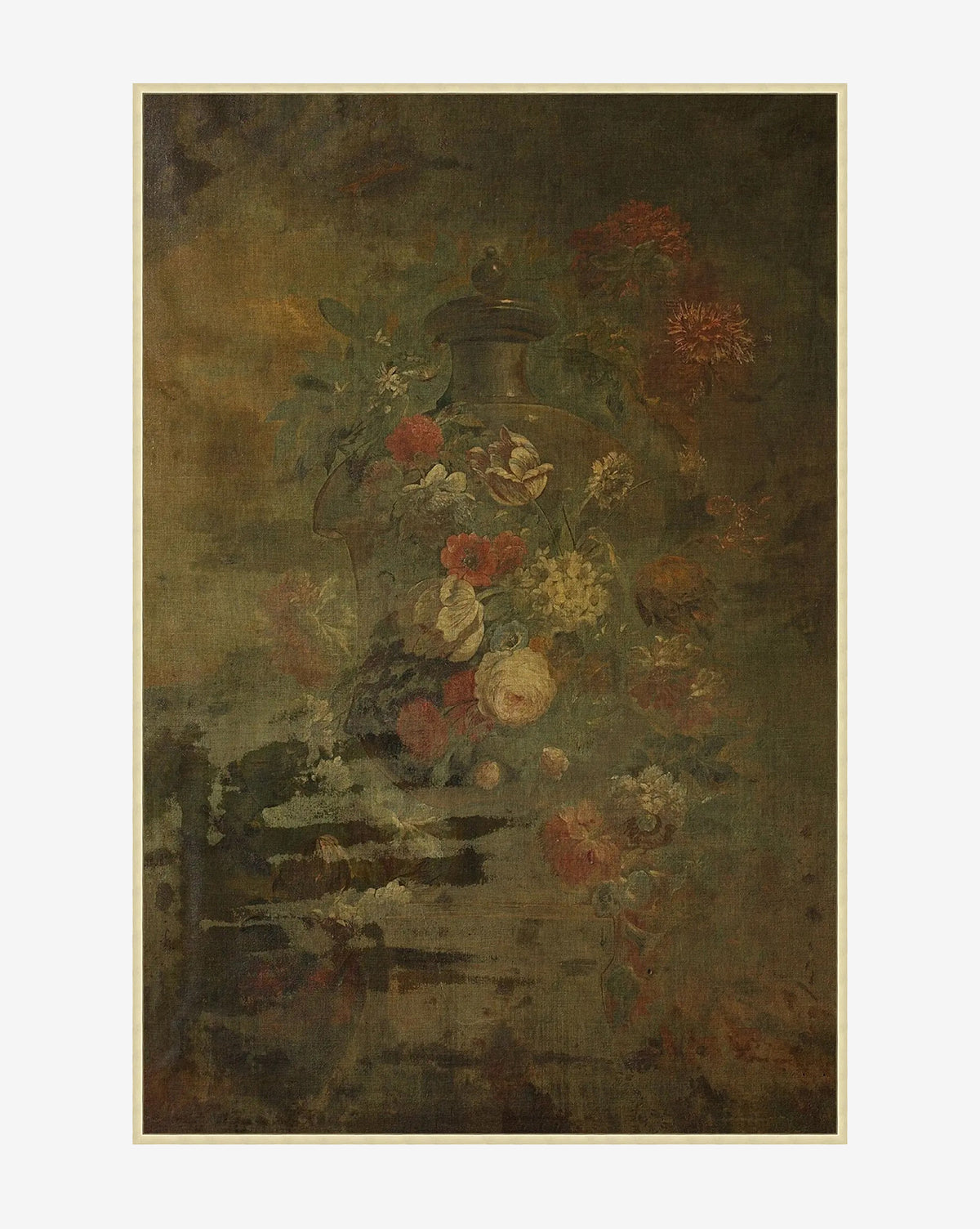 Oxidized Florals: A vintage-inspired painting of a glass vase brimming with vibrant roses and peonies, set against a dark, muted background with an aged texture, all elegantly framed in antique silver, by McGee & Co.