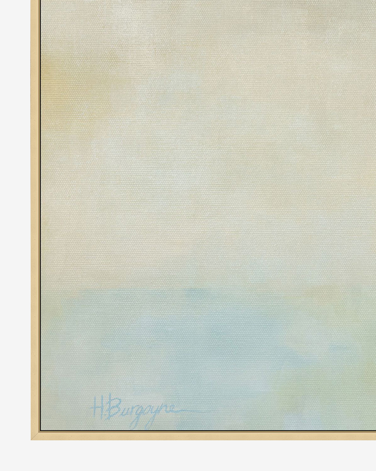 “Parallel” by Hope Burgoyne is a minimalist abstract painting with soft beige and light blue tones, signed in the bottom left and elegantly framed with a thin, light border on a gallery-wrapped canvas, by McGee & Co.