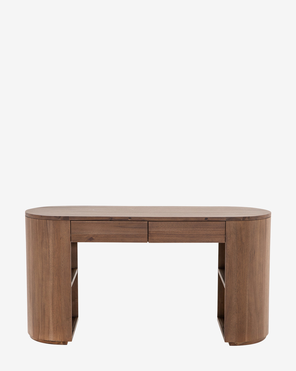 The Parnell Desk is a modern caramel brown desk with drawers, rounded edges, and open shelves on each side. Inspired by the 1980s, it features a smooth minimalist design and natural wood finish by McGee & Co.