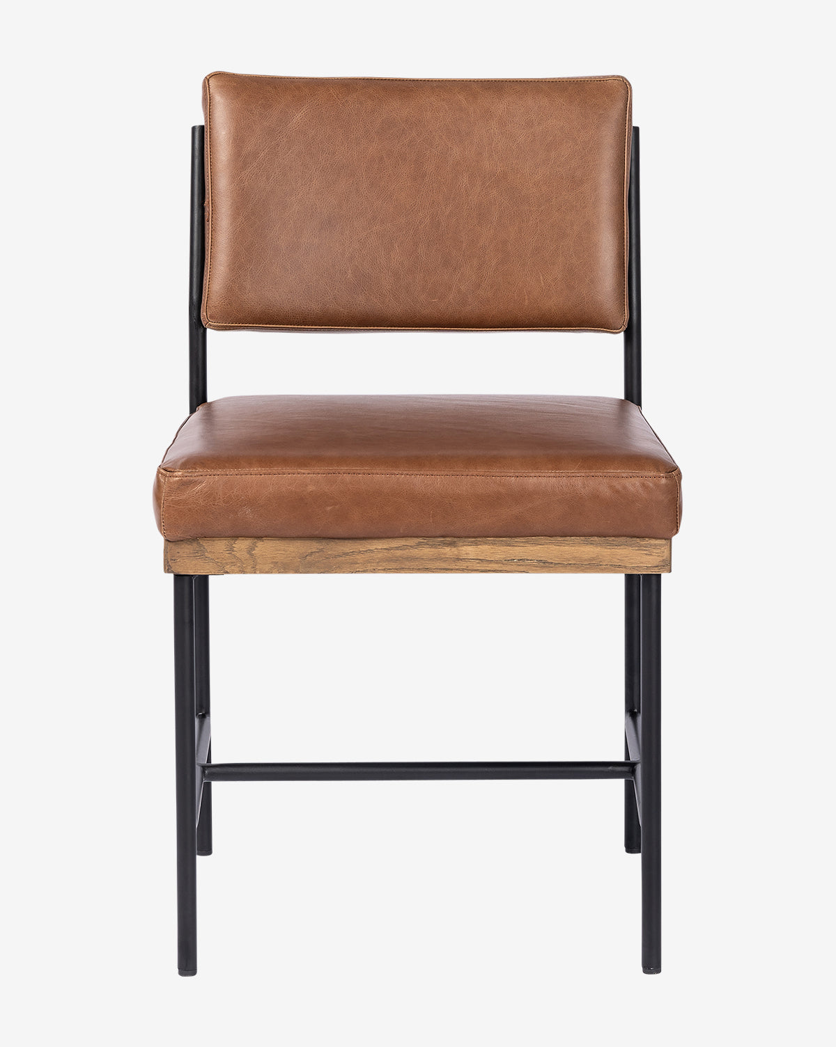 The Pascal Dining Chair features a brown leather cushion and backrest, with a sleek steel and wood frame and wooden accents under the seat, shown from the front against a plain white background by McGee & Co.