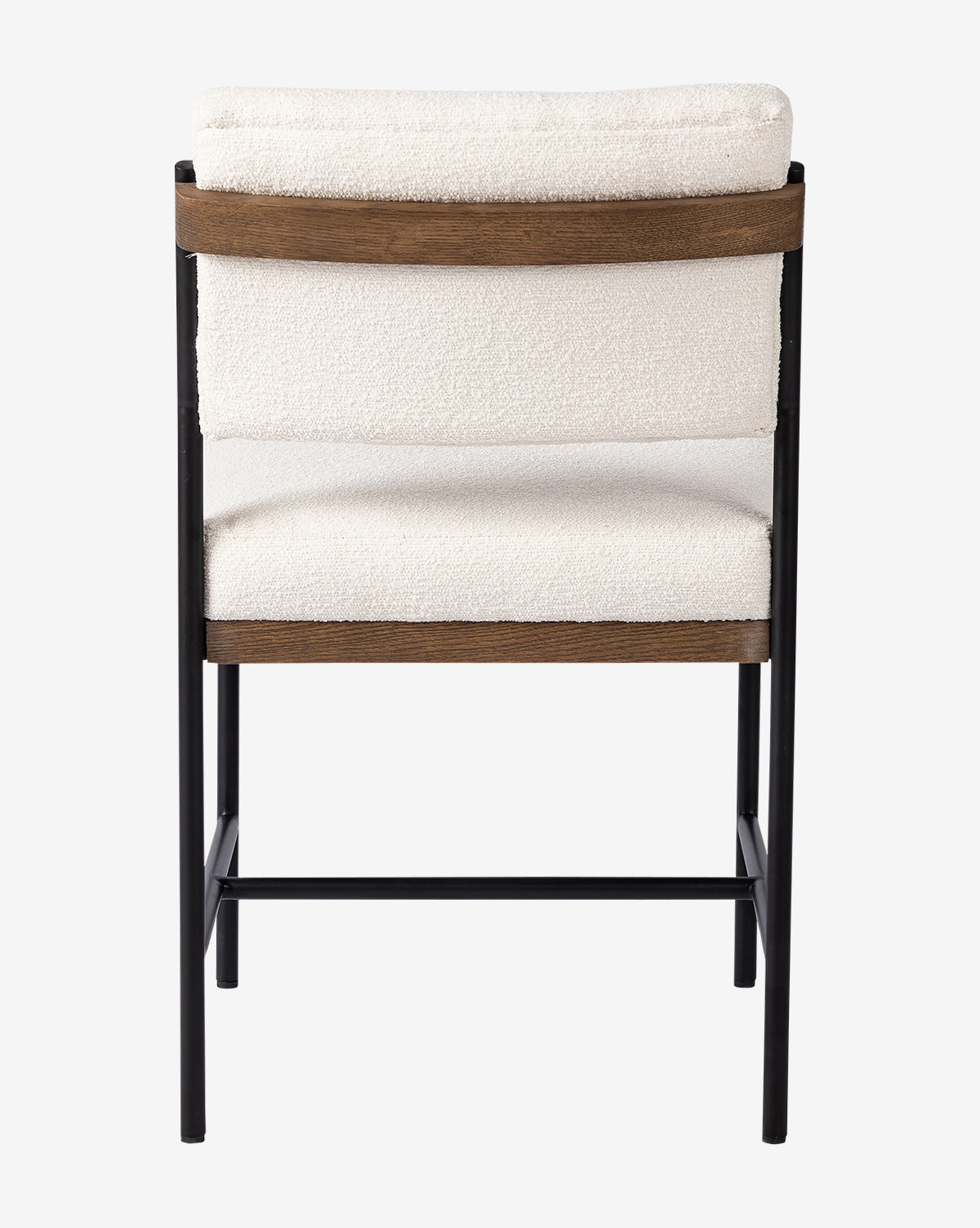 The Pascal Dining Chair has a black steel and wood frame with light accents on the backrest and seat, plus white textured upholstery—shown from the back against a plain white background, ideal for modern dining spaces by McGee & Co.