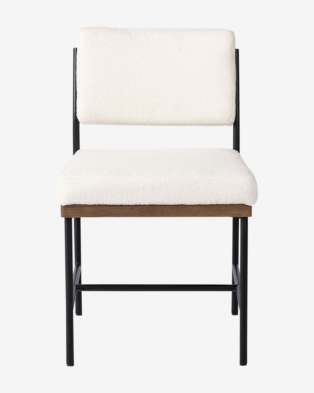 The Pascal Dining Chair boasts a white cushioned seat and backrest on a slim black steel and wood frame with a sleek wooden accent, offering modern style for any dining table, by McGee & Co. Displayed against a plain white background.