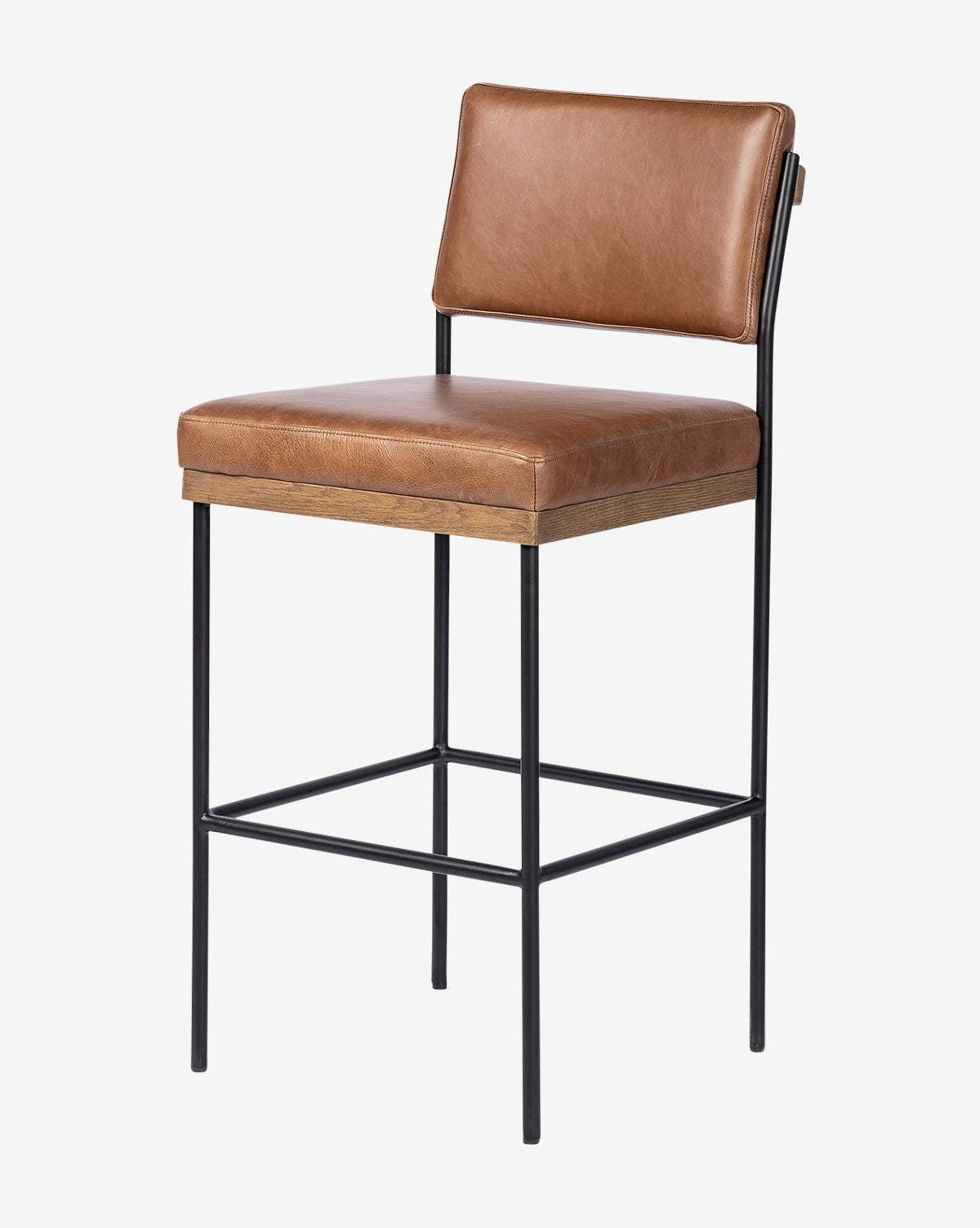 The Pascal Stool boasts a modern, minimalist design with a brown leather seat and backrest on a black iron frame, making it a versatile addition to any contemporary space, by McGee & Co.