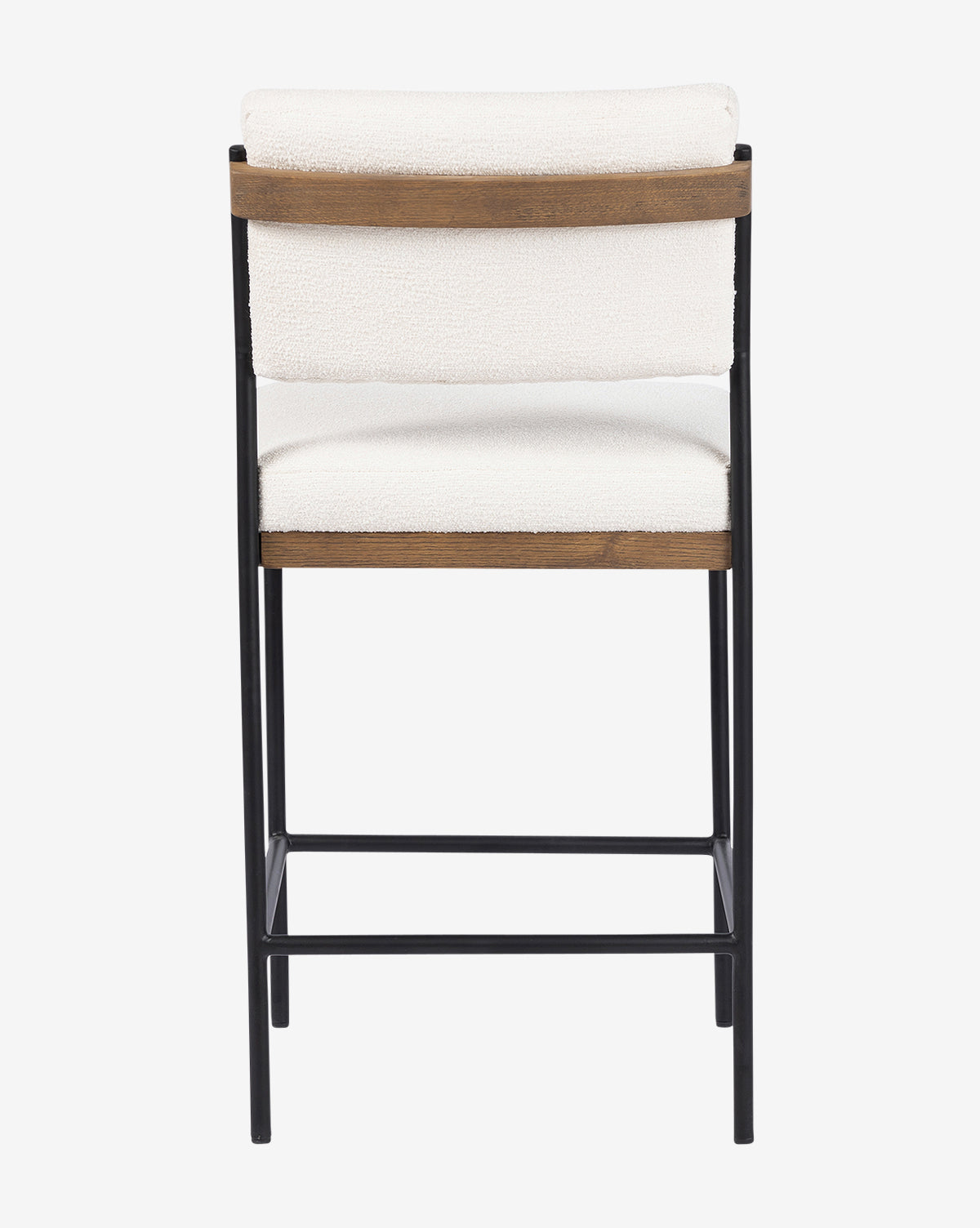 The Pascal Stool is a modern, versatile chair with a black iron frame, wooden accents, and a white upholstered backrest and seat, shown from the back against a plain white background by McGee & Co.