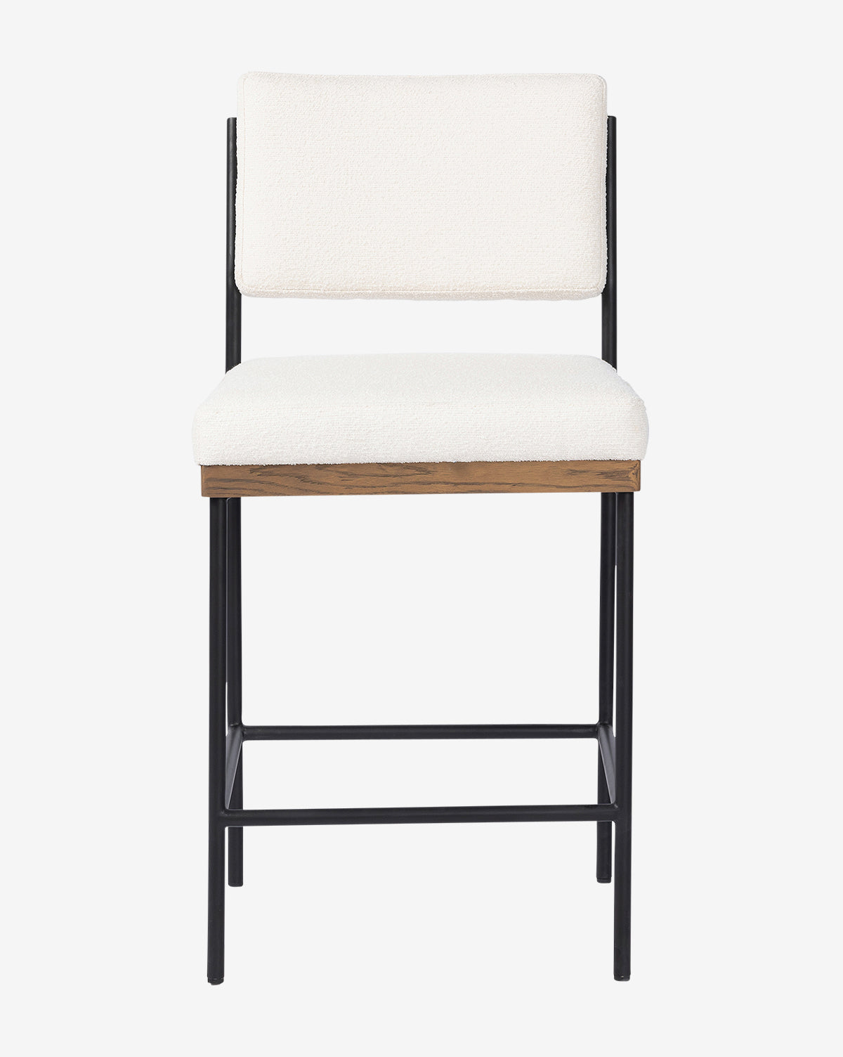 The Pascal Stool pairs a black iron frame with a light wood seat and white cushioned backrest and seat, displayed on a plain white background by McGee & Co.