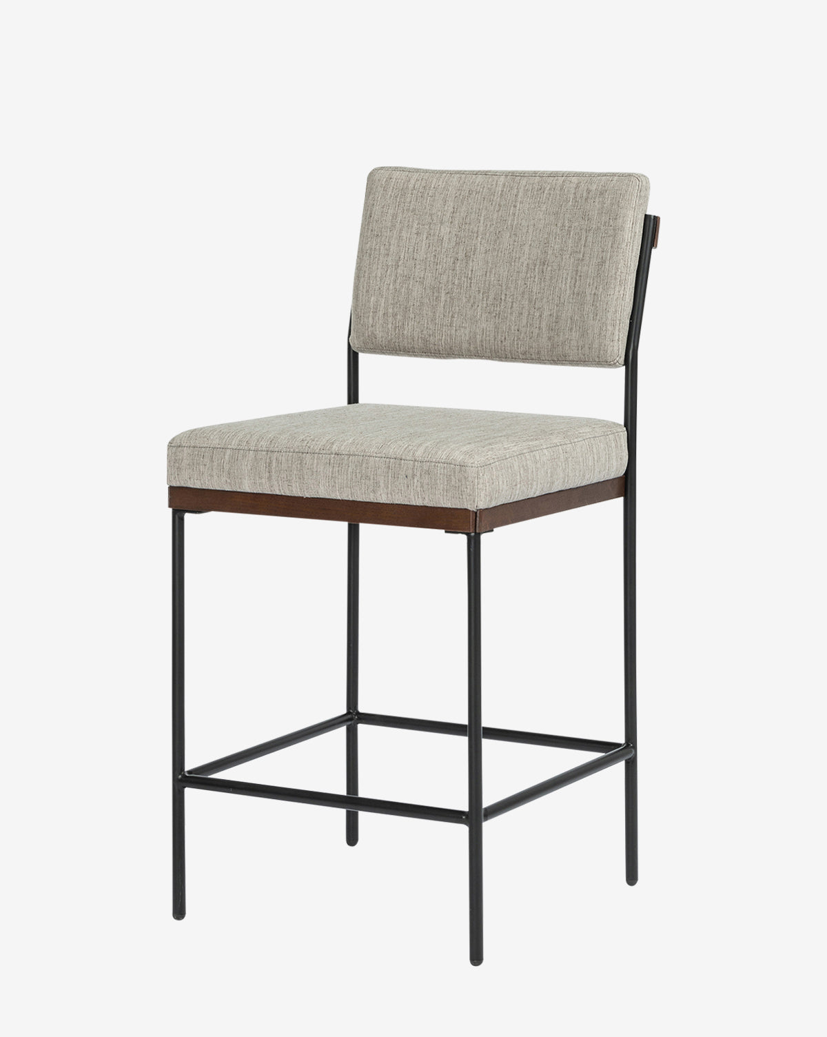 The Pascal Stool is a modern bar stool featuring a light gray upholstered seat and backrest, set on a black iron frame with footrest, shown against a plain white background by McGee & Co.