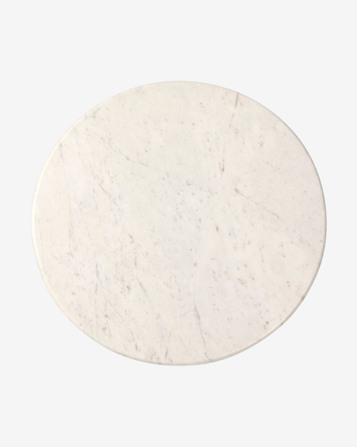 The Patrick Dining Table features a round, flat slab of white marble with subtle gray veining, highlighting Italian-inspired elegance in a beautifully photographed plain light setting, by McGee & Co.