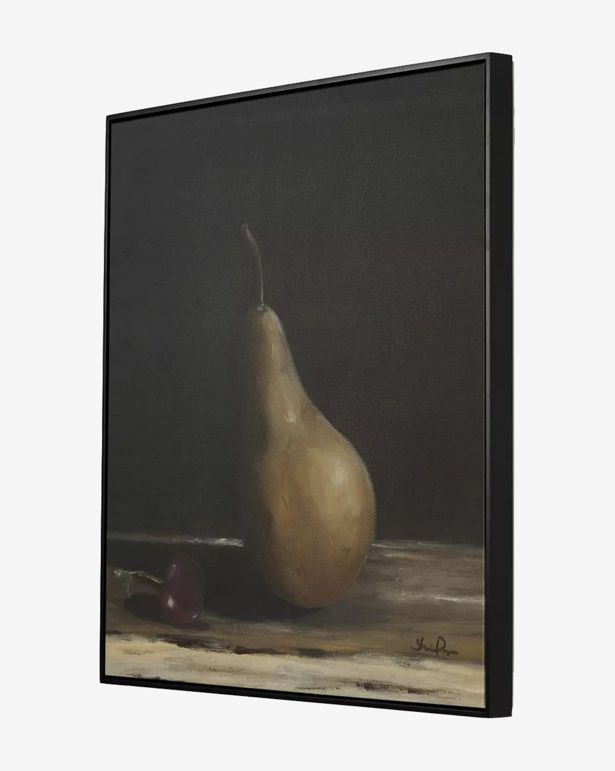 Pear I by Shaina Page is a framed still life featuring a single pear upright on wood with a dark red cherry beside it, set against a dark background in an American maple floater frame, by McGee & Co.