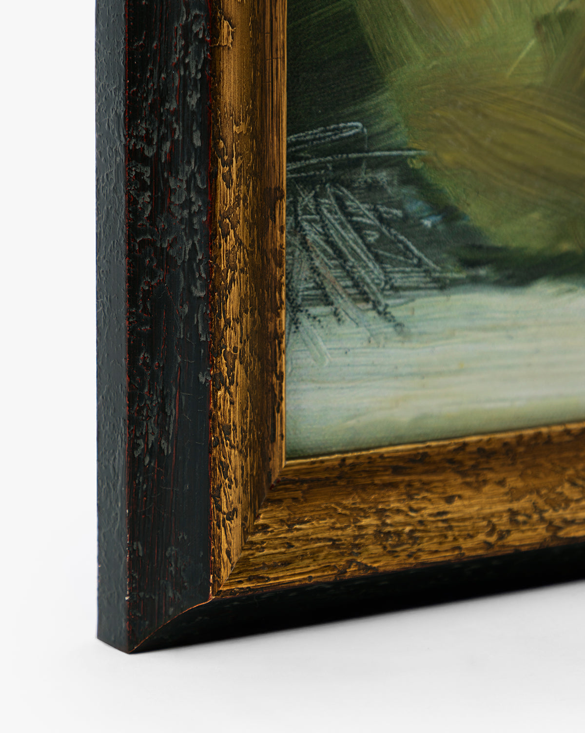 Close-up of Pear Pictorials textured dark wooden frame with a gold inner border, highlighting green and white brushstrokes—perfect for giclee print reproduction, by McGee & Co.