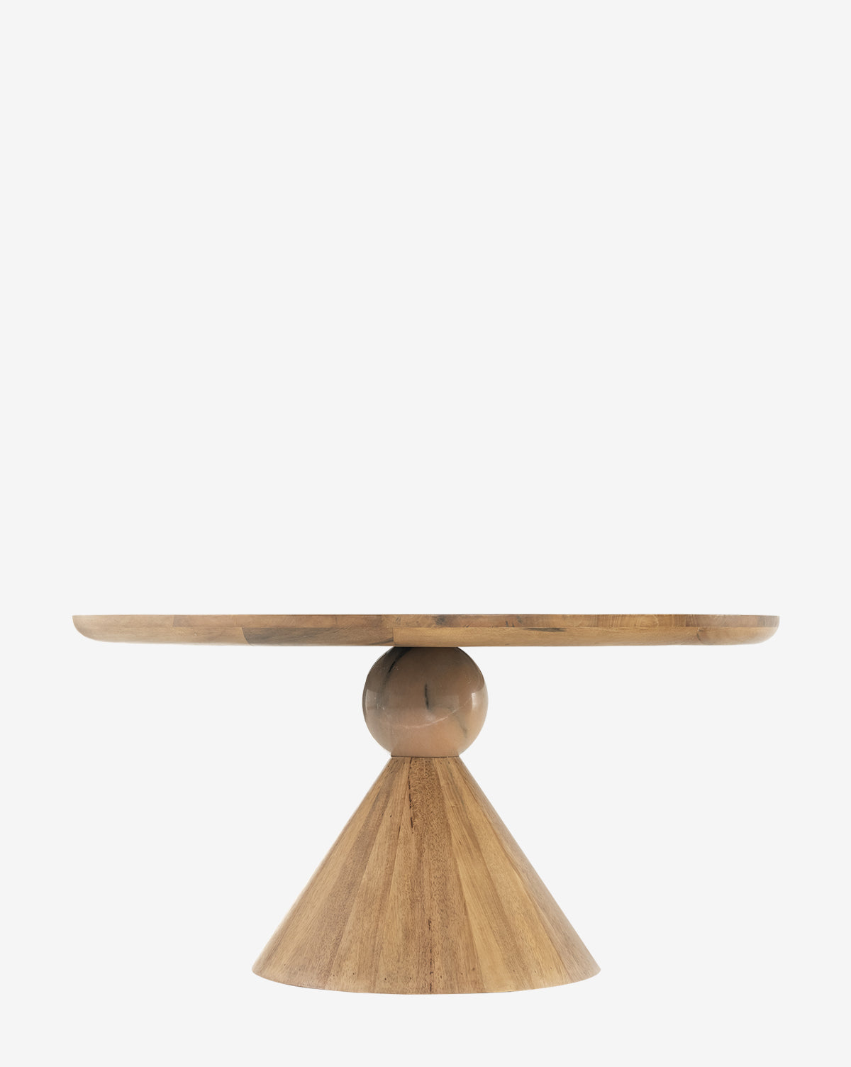 The Pedretti Dining Table, inspired by Italian design, features a round wooden top, a central spherical accent, and a wide conical base, showcased against a plain white background by McGee & Co.