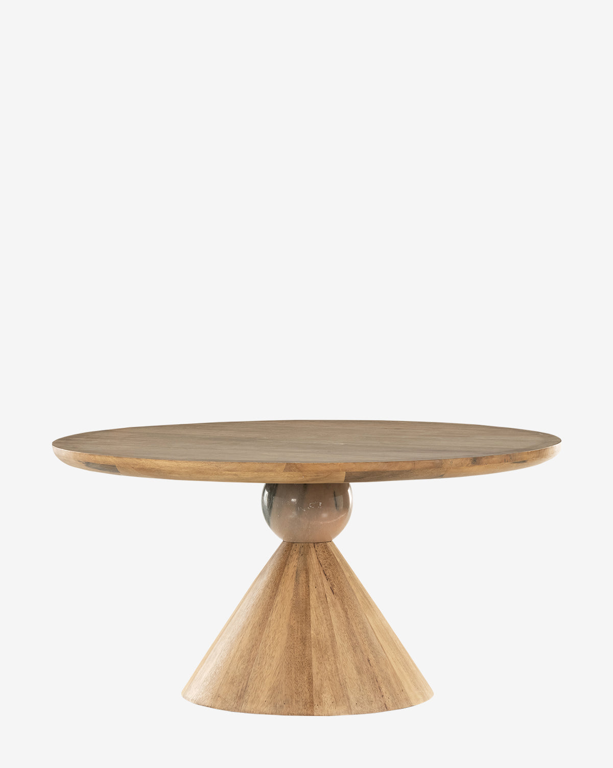 The Pedretti Dining Table is a round, light wood table with a smooth top and a unique base featuring a spherical center and conical bottom, capturing the elegance of Italian-inspired design, by McGee & Co.