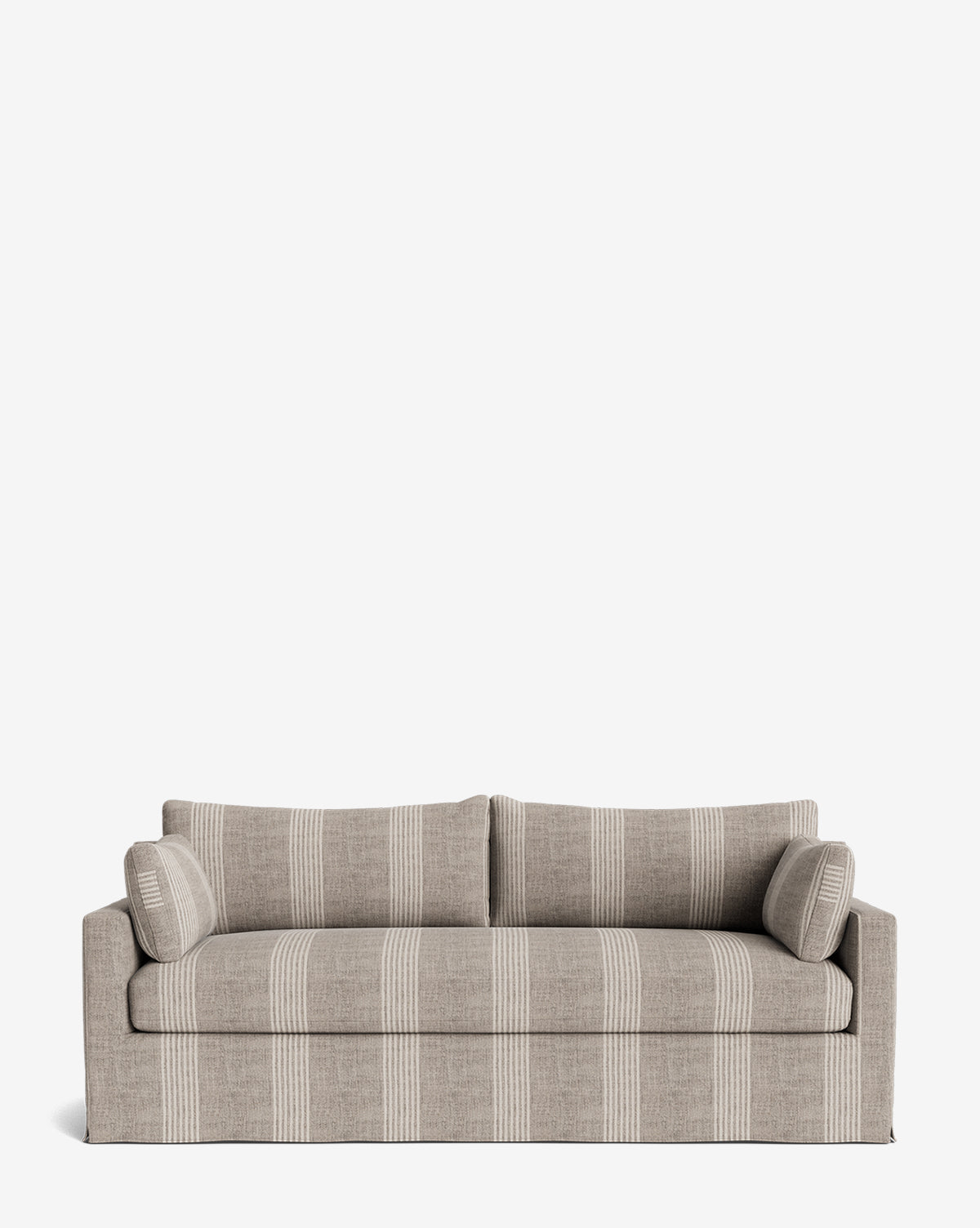 The Peterson Classic Slipcover Sofa (75-100) in beige with wide vertical white stripes includes two seat cushions, two back cushions, feather blend filling, and two cylindrical bolster pillows, shown against a plain white background by McGee & Co.