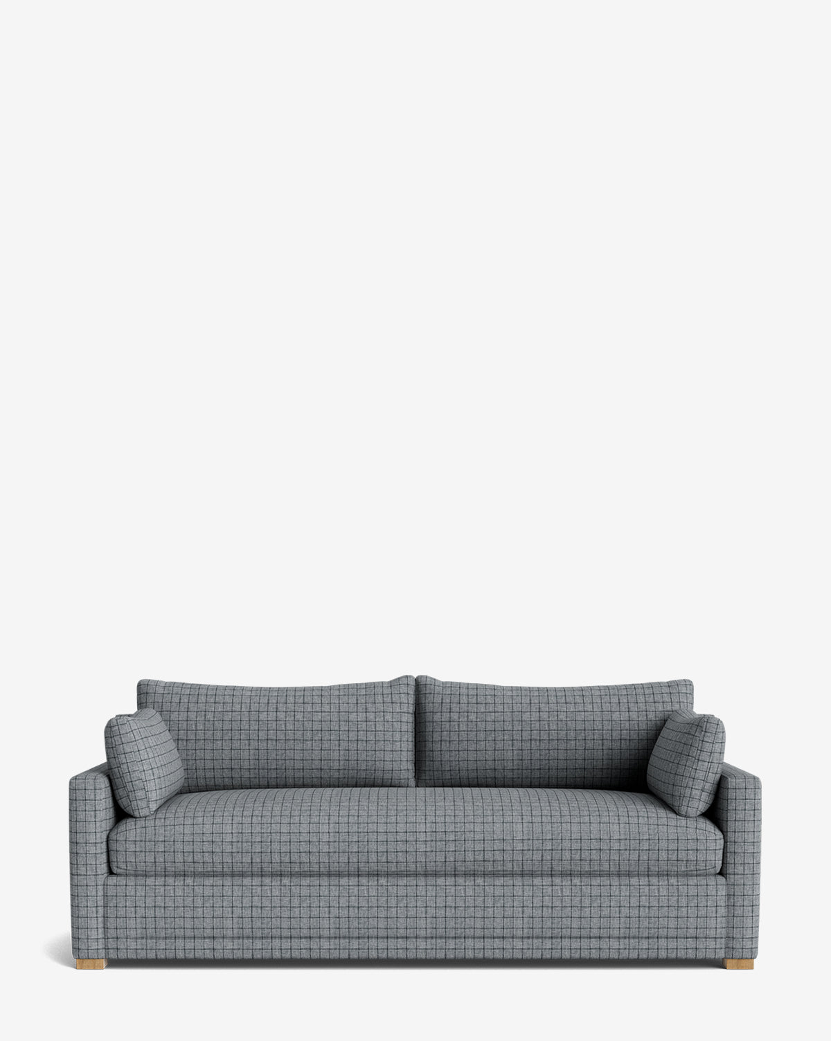 The Peterson Classic Upholstered Sofa (75 - 100) features plush grey upholstery, a subtle checkered pattern, two seat and back cushions, and two matching throw pillows, shown against a plain white background by McGee & Co.