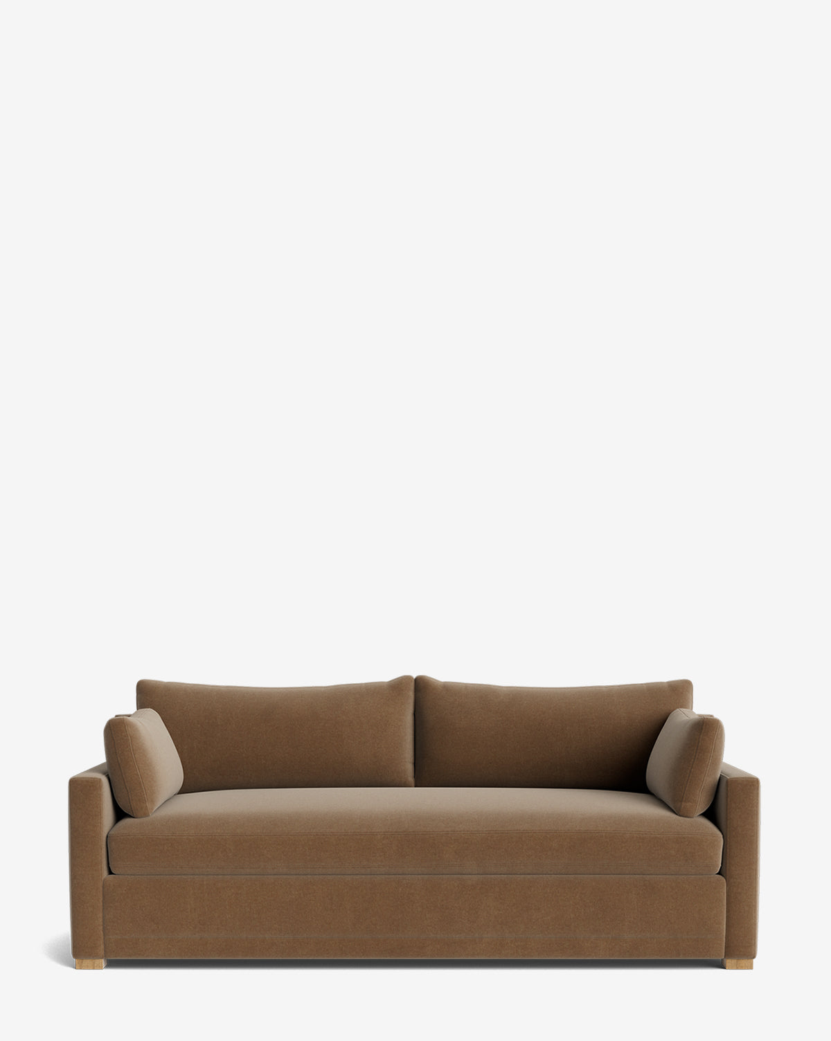 The Peterson Classic Upholstered Sofa (75 - 100) features clean lines, plush brown cushions, and two cylindrical bolster pillows, set against a plain white background by McGee & Co.