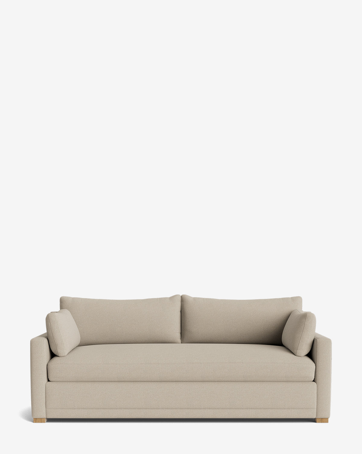The Peterson Deep Upholstered Sofa (75-100) features a modern beige design with square arms, two back cushions, and two cylindrical side pillows, shown against a plain white background by McGee & Co.