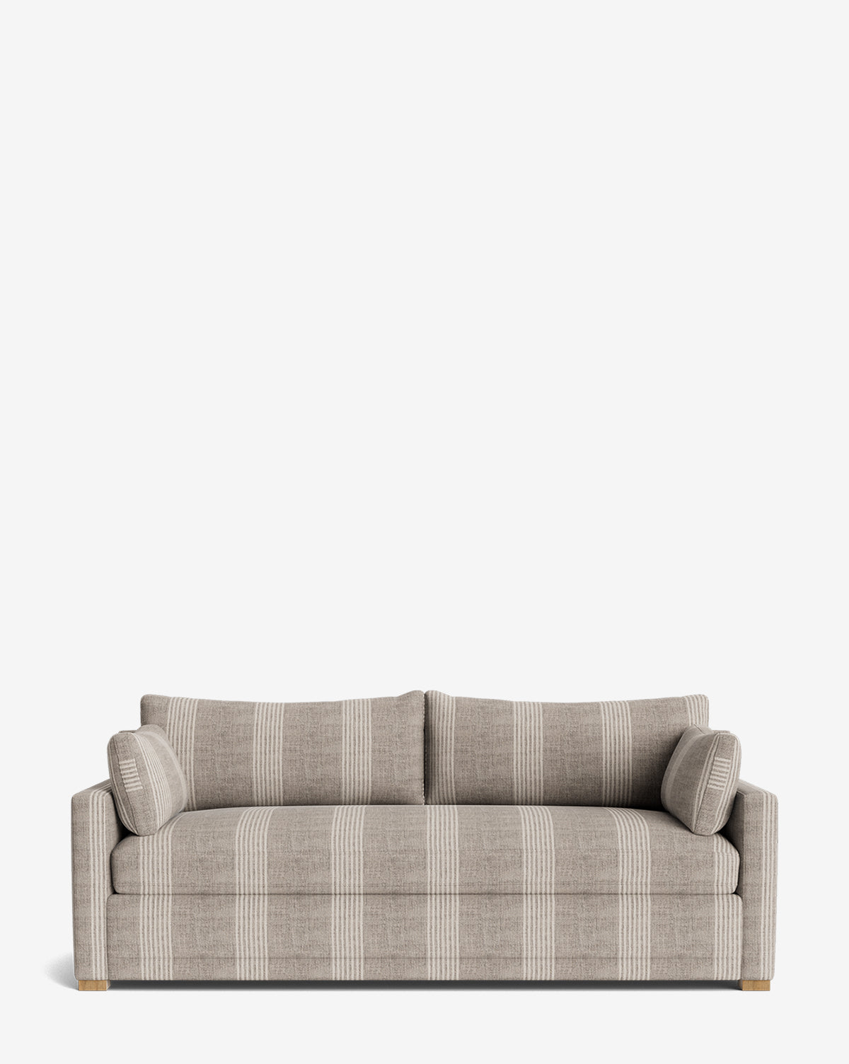 The Peterson Classic Upholstered Sofa (75 - 100) features beige and white stripes, two plush seat cushions, two back cushions, and two cylindrical side pillows, set against a plain white background by McGee & Co.