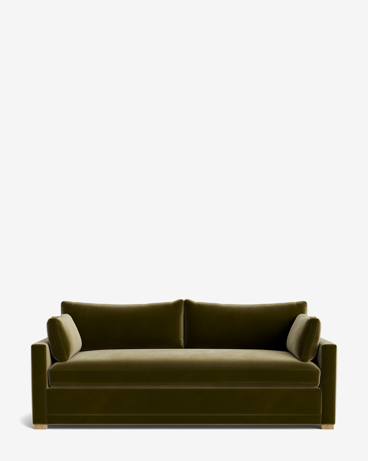 The Peterson Classic Upholstered Sofa (75 - 100) features modern handcrafted olive green velvet, two plush seat and back cushions, and cylindrical bolsters, showcased against a plain white background by McGee & Co.