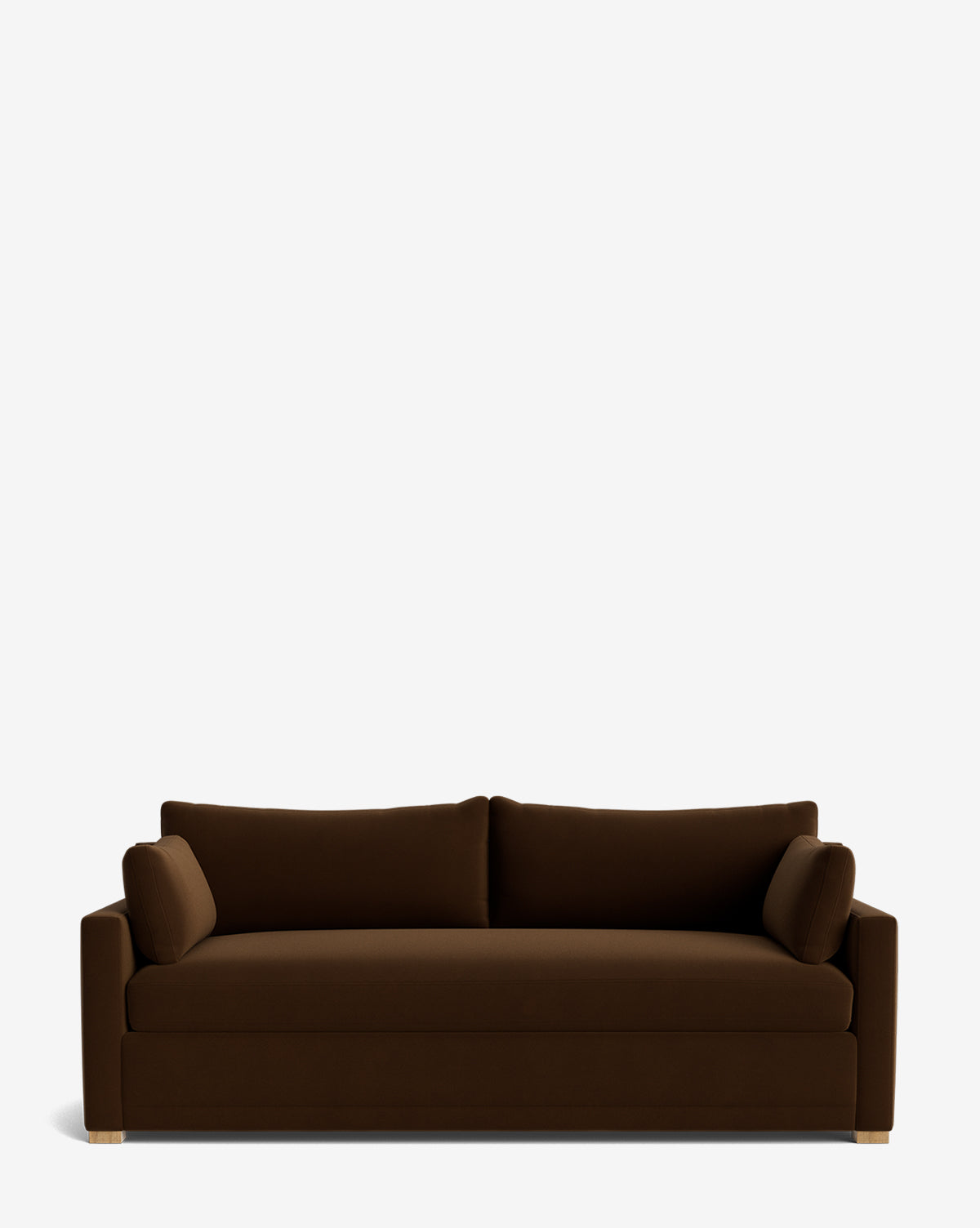 The Peterson Classic Upholstered Sofa (75 - 100) features a modern dark brown design with clean lines, two seat and back cushions, plus two cylindrical side pillows, all in plush upholstery, shown against a plain white background by McGee & Co.
