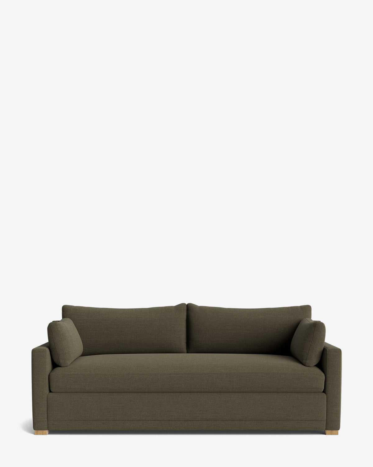 The Peterson Classic Upholstered Sofa (75 - 100) features modern olive green upholstery, straight arms, two plush back cushions, and two cylindrical side pillows, displayed against a plain white background by McGee & Co.