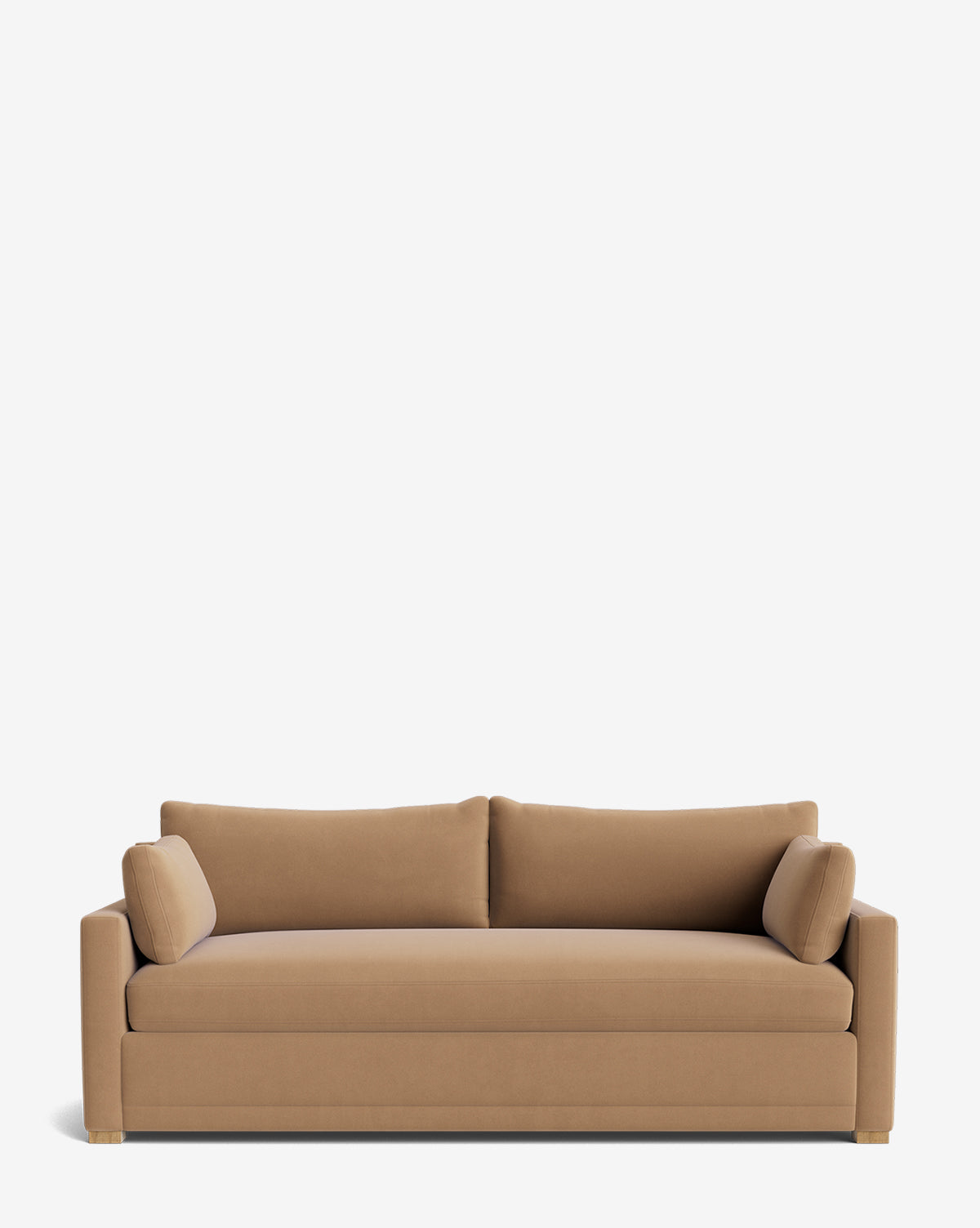 The Peterson Classic Upholstered Sofa (75 - 100) features modern light brown fabric, straight arms, two plush back cushions, and two cylindrical side pillows, all showcased against a plain white background by McGee & Co.