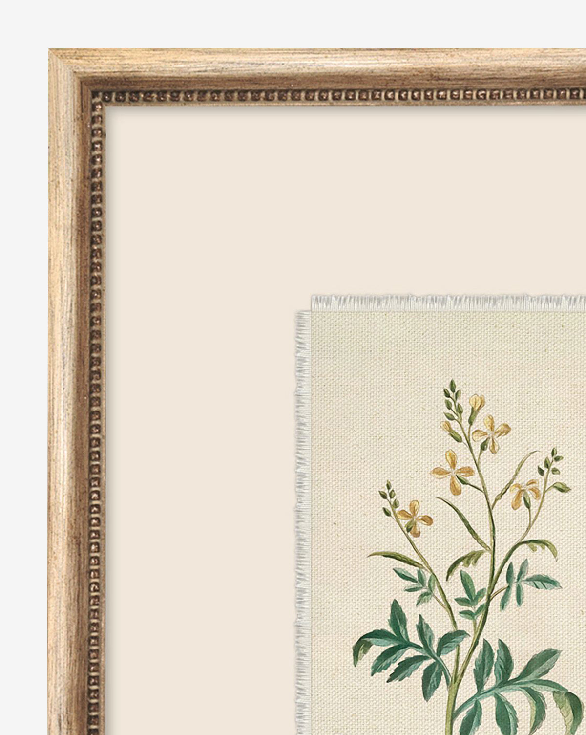 Close-up of the Petite Floral IX botanical print—green leaves and yellow flowers—displayed in a vintage-inspired wood frame with beaded detailing on off-white fabric, by McGee & Co.
