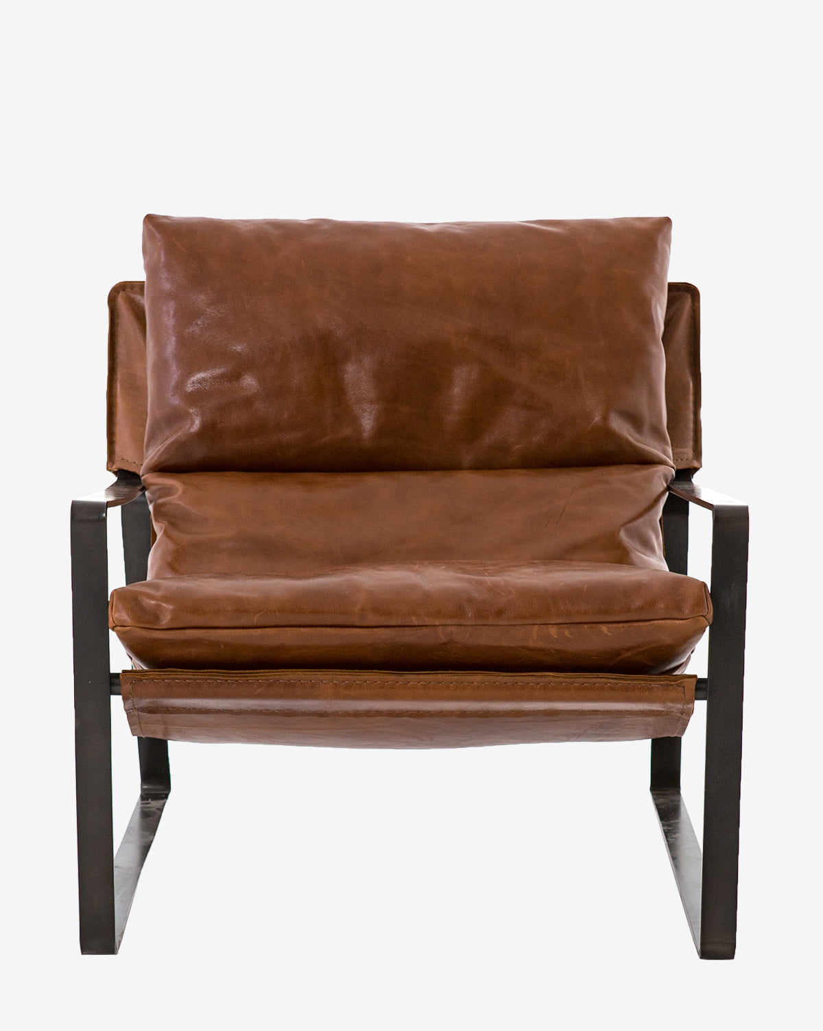 The Peyton Leather Sling Chair features a metal frame and wide, plush brown leather cushions on the seat and backrest, shown from the front against a plain white background.