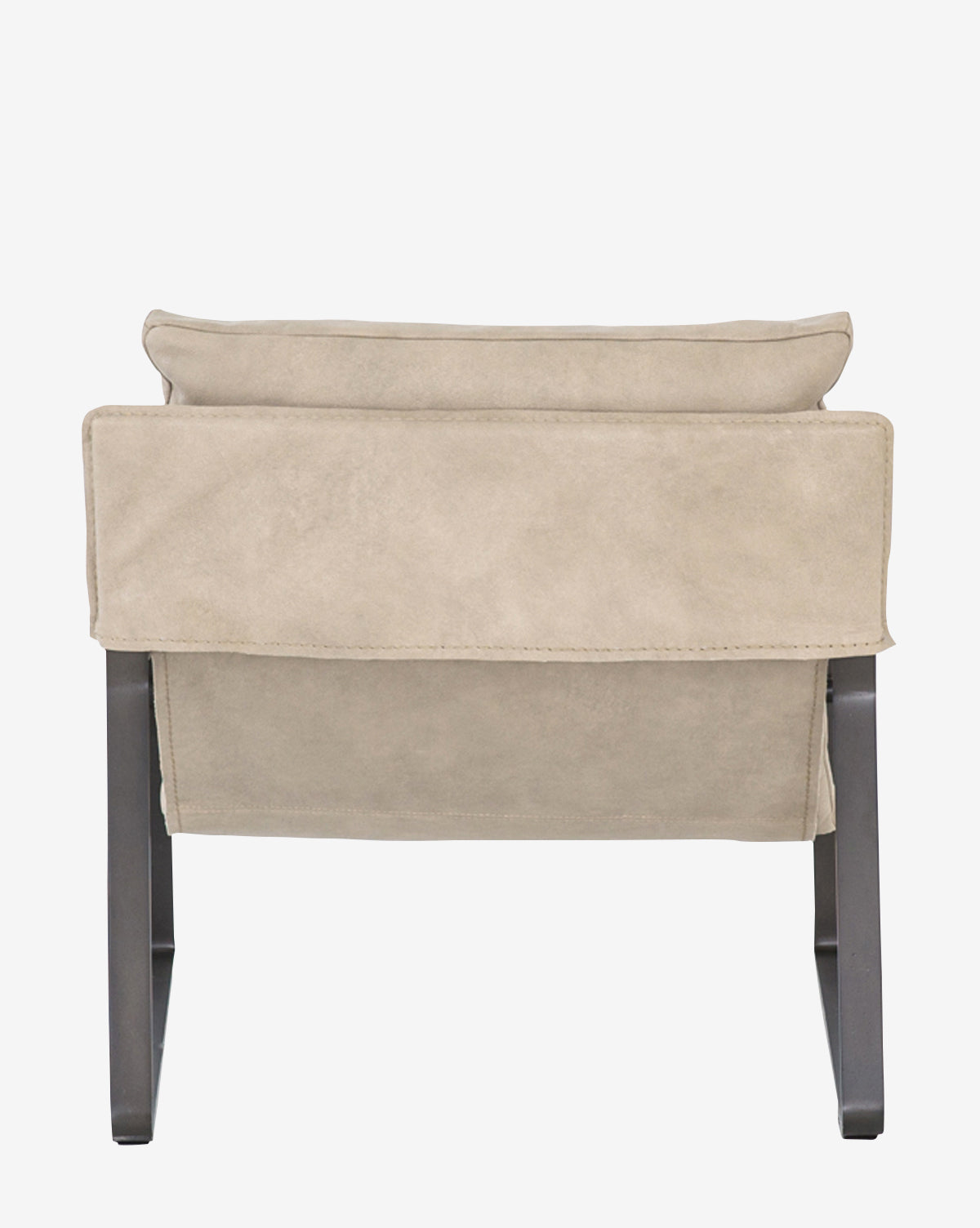 The Peyton Leather Sling Chair is a modern beige chair with a cushioned, rectangular backrest, straight dark legs, and upholstery. Viewed from the back against a plain white background.