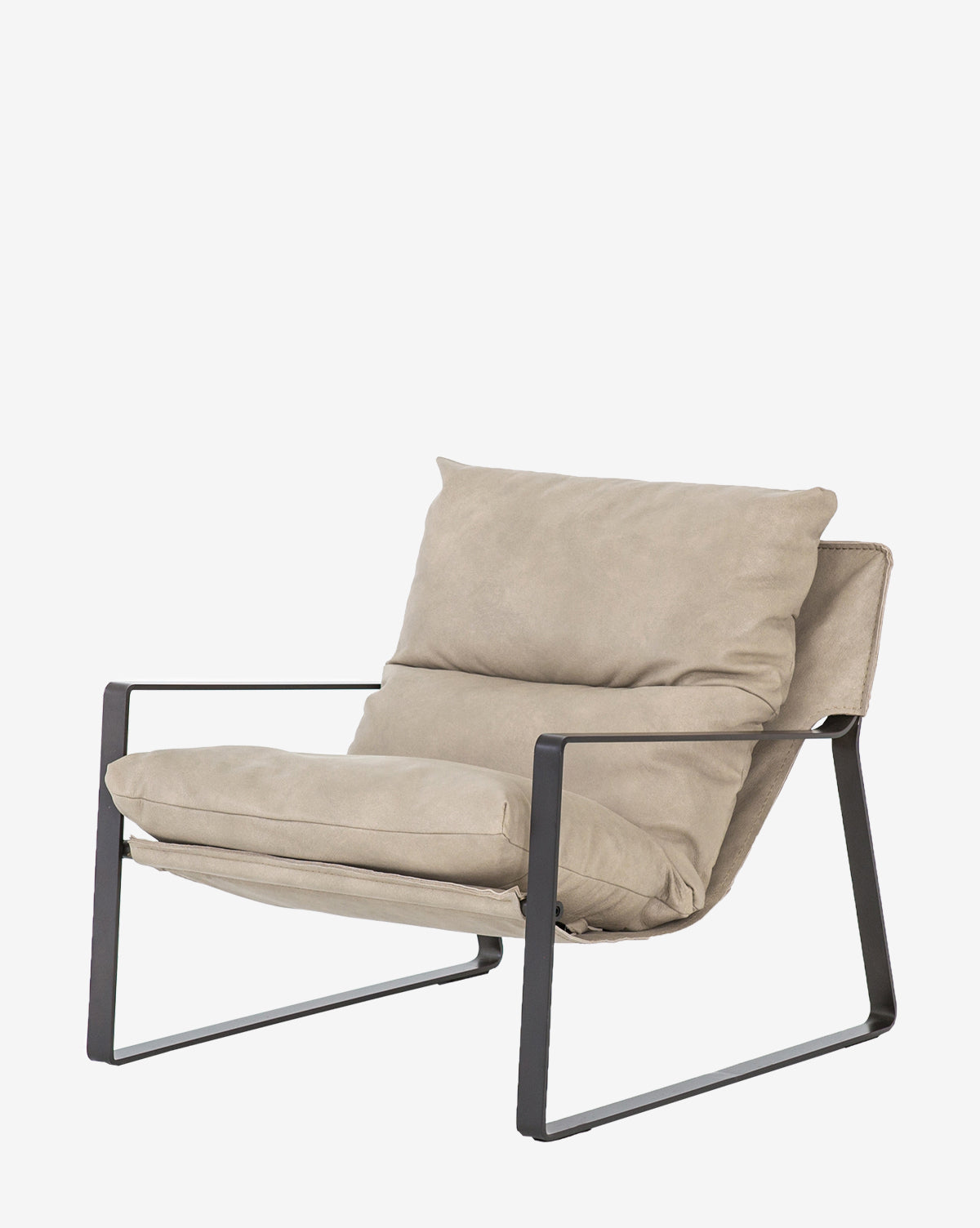 The Peyton Leather Sling Chair features a beige cushioned seat and backrest with a sleek black metal frame and armrests, offering contemporary style for any modern space. Displayed against a plain white background.