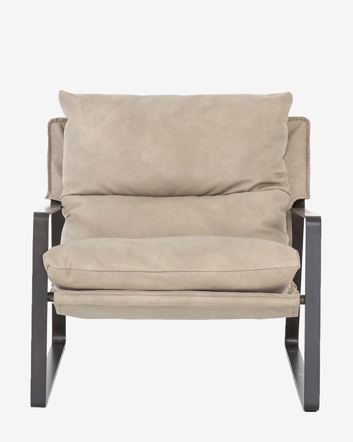 Front view of the Peyton Leather Sling Chair, a modern beige armchair featuring plush cushions and sleek black metal armrests and legs, set against a plain white background.