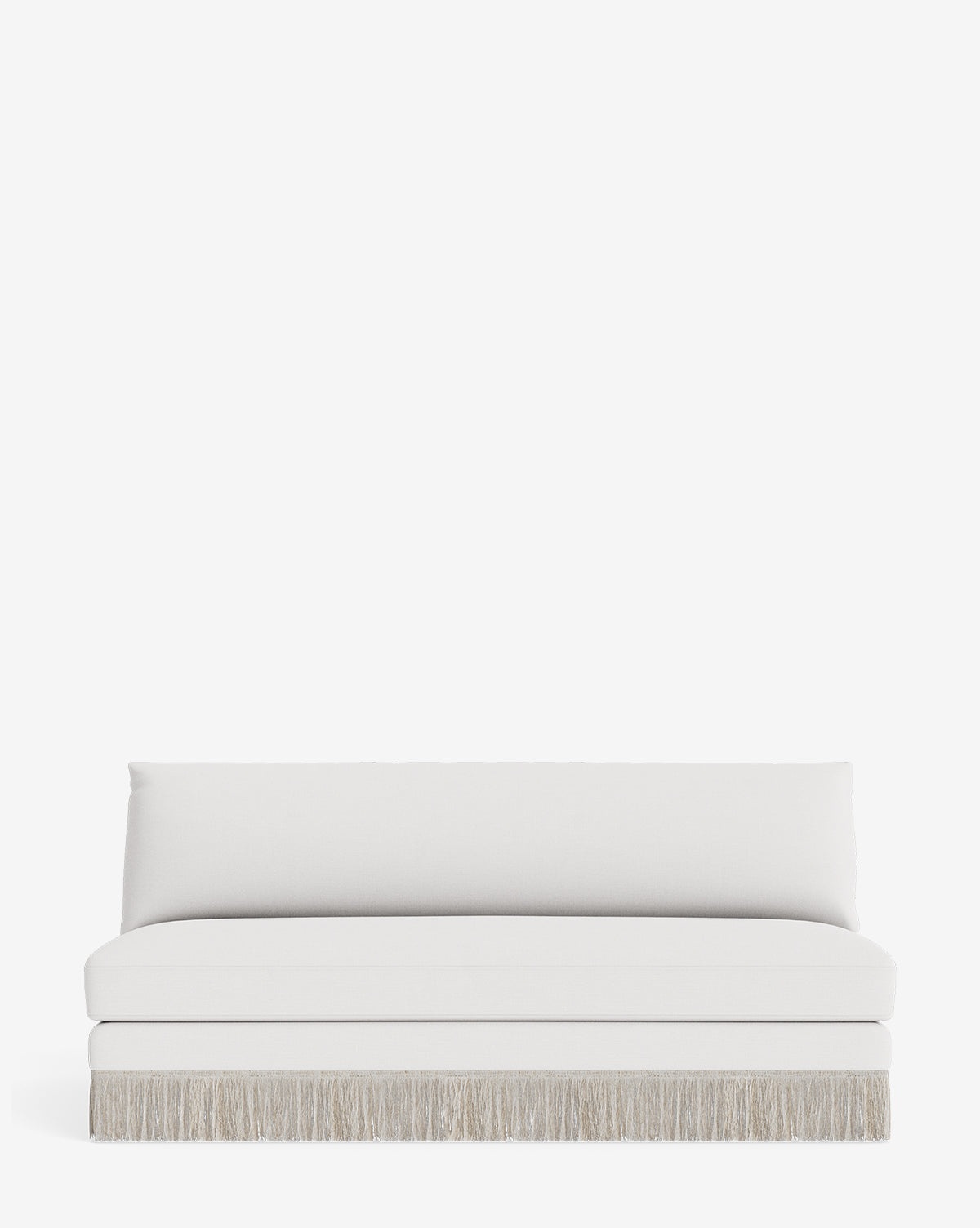The Philippa Settee 68 is a minimalist white settee with a straight back, seat cushion, and decorative fringe along the bottom edge, shown against a plain white background by McGee & Co.