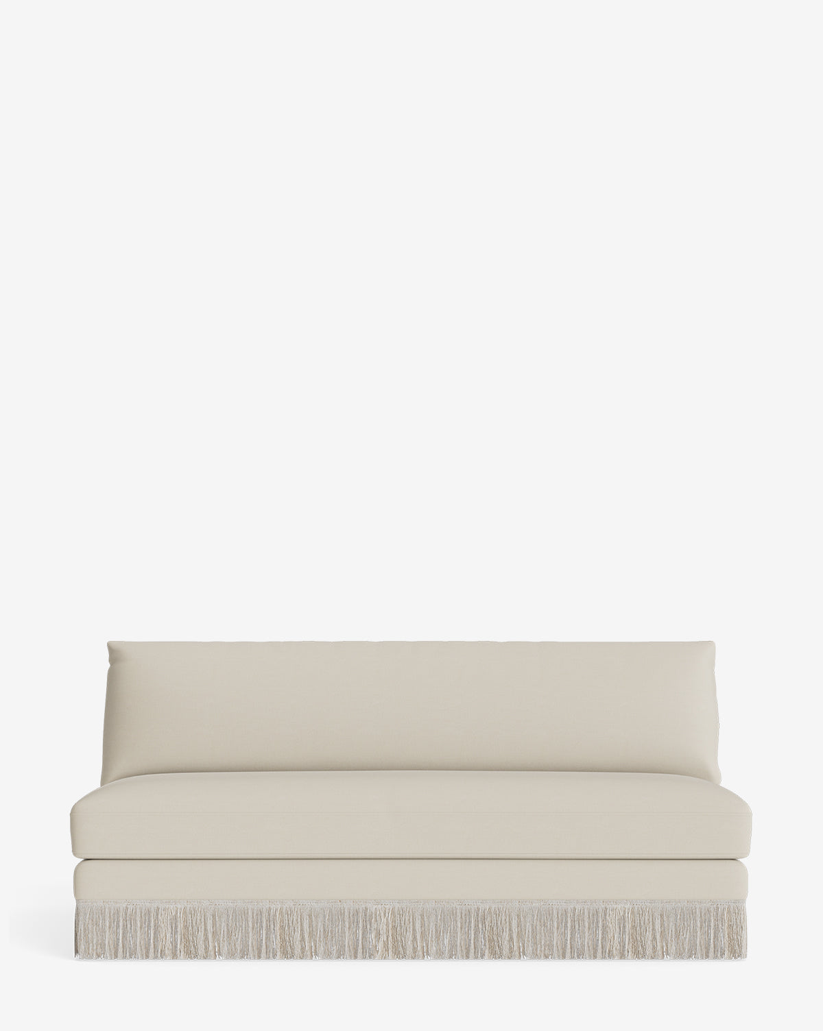 A cream-colored Philippa Settee 68 with a straight back, thick seat cushions, and a decorative fringe border on the bottom edge, upholstered in designer fabric and displayed against a plain white background by McGee & Co.