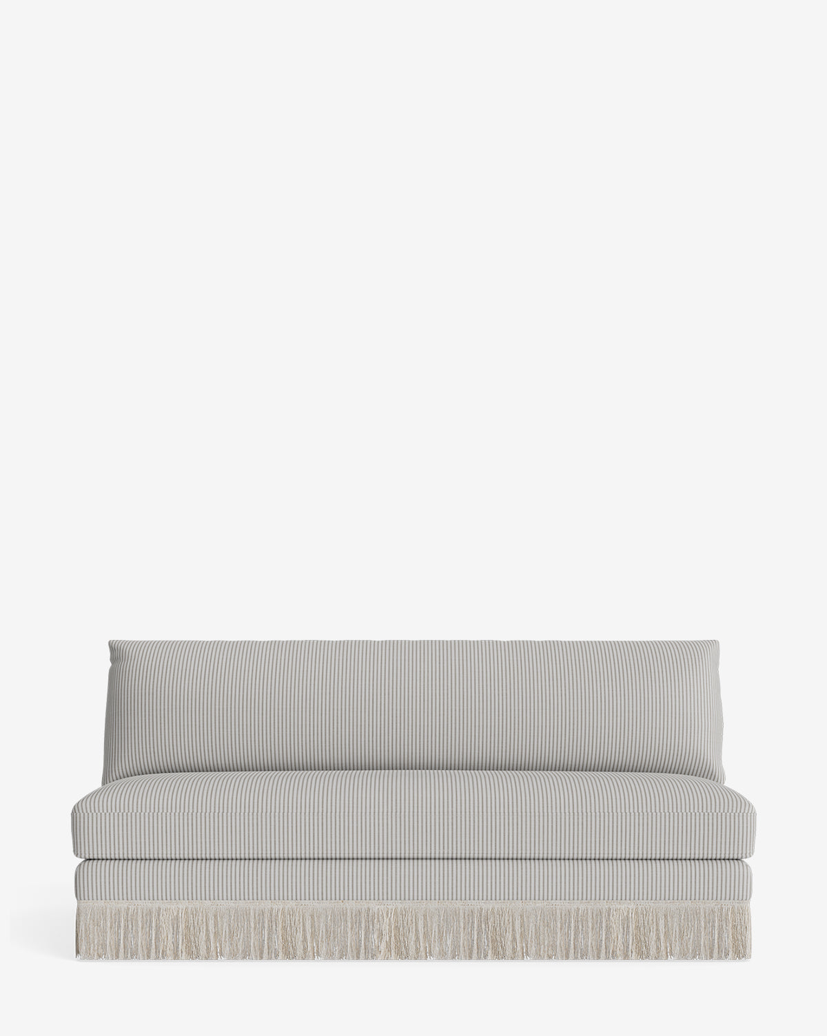 A light gray, armless Philippa Settee 68 with subtle vertical pinstripes in designer fabric and a skirted fringe border along the bottom, set against a plain white background by McGee & Co.