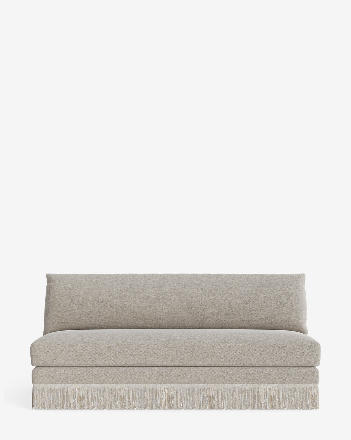 The Philippa Settee 68 is a modern light gray piece with designer fabric, a low back, thick seat cushion, and decorative fringe along the bottom edge, shown against a plain white background by McGee & Co.