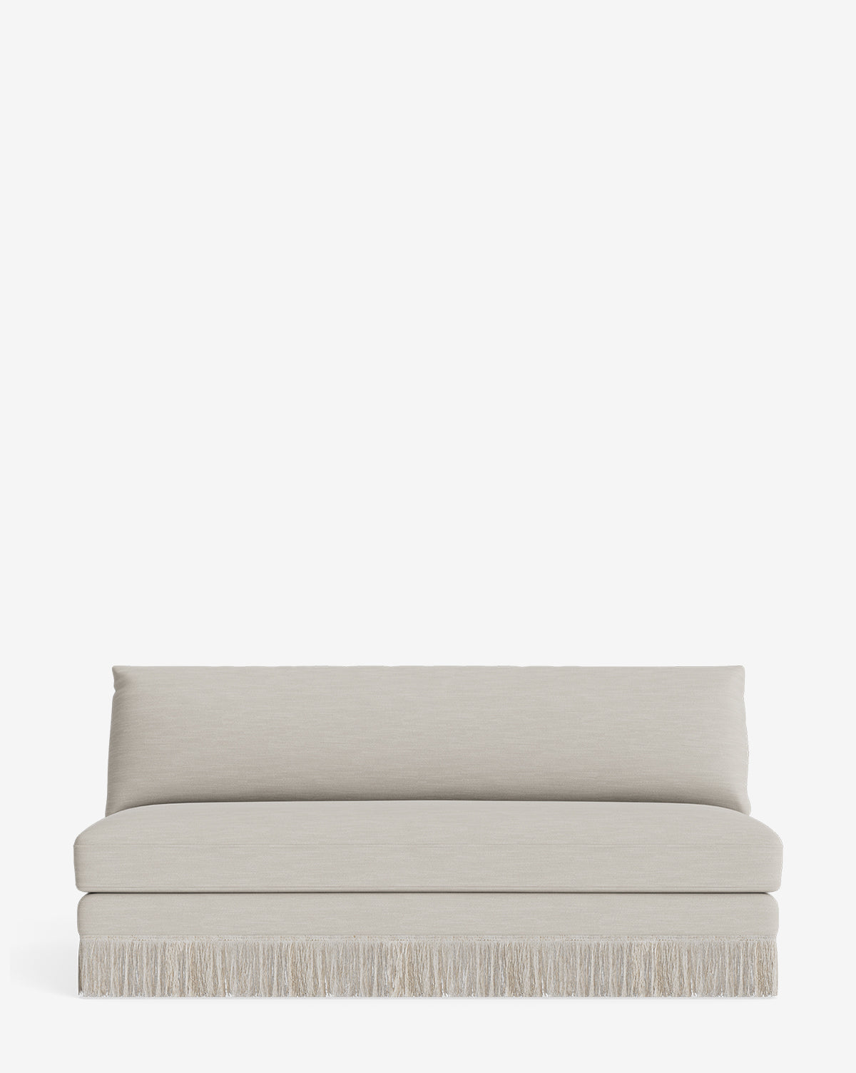 The Philippa Settee 68 is a light beige, armless loveseat featuring a fringe base and plain seat and back cushions, shown on a white background by McGee & Co.