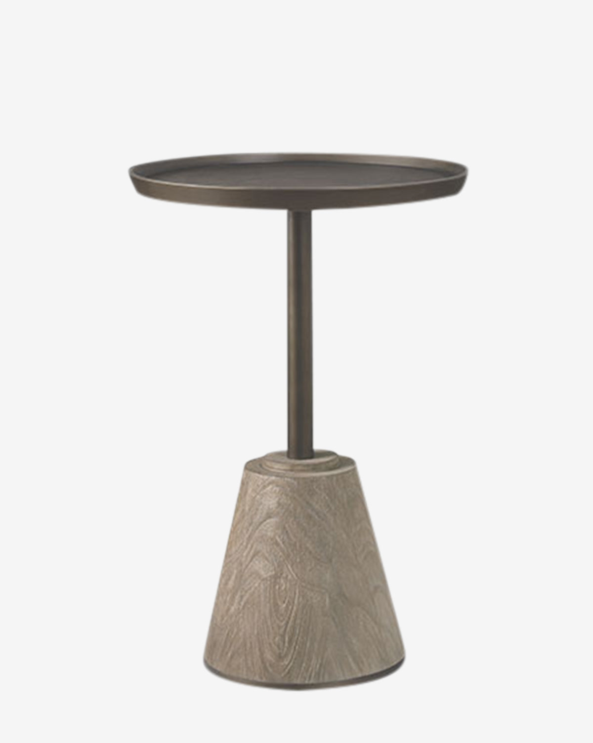 The Phinney Side Table has a round dark top, a slim metal stem, and a conical solid teak base with natural wood grain, shown against a white background by McGee & Co.