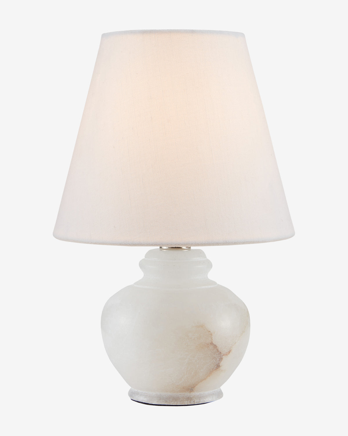 The Piccolo Table Lamp showcases a round alabaster base with natural brown veining and is topped with a sleek white fabric shade, displayed on a plain white background, by McGee & Co.