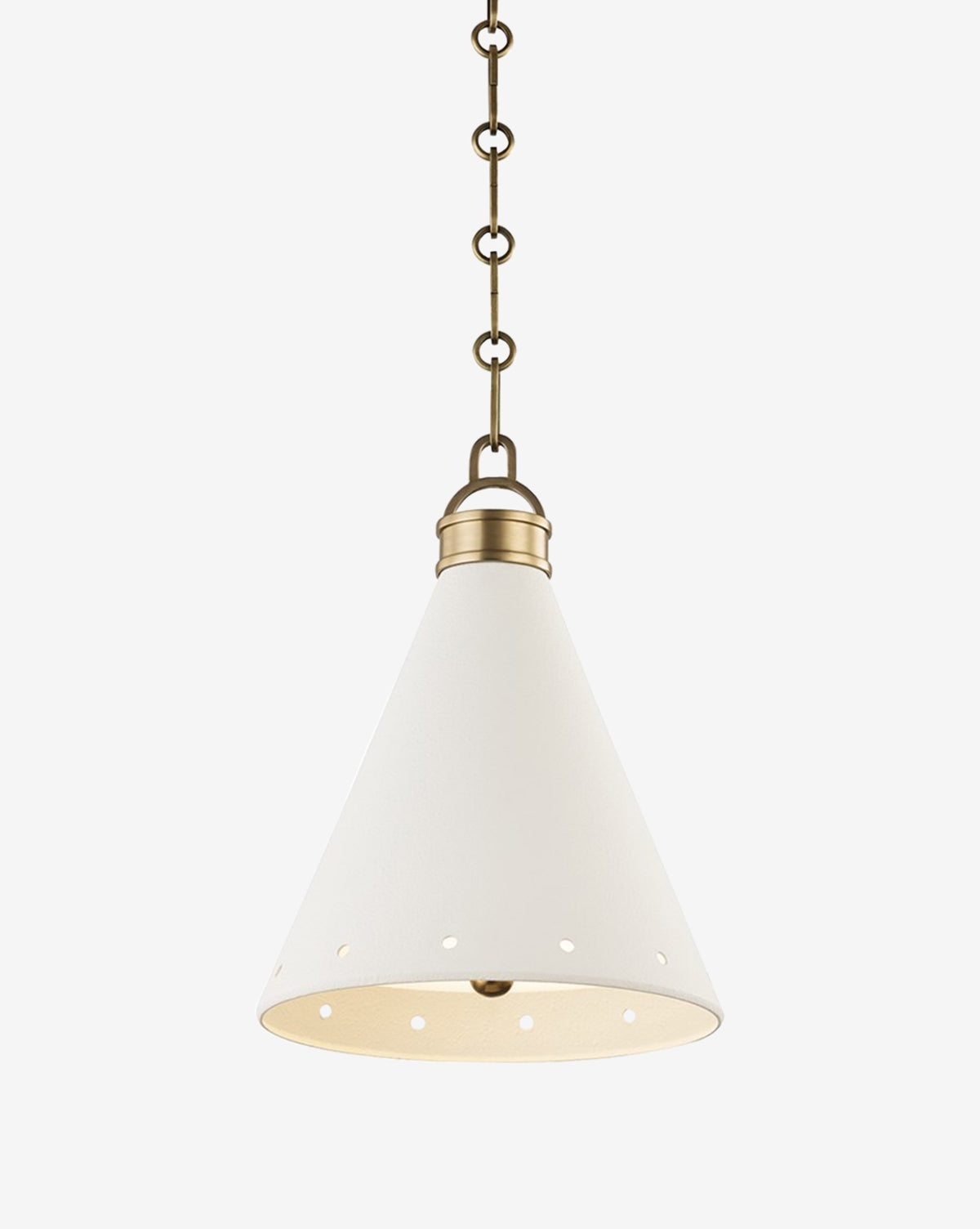The Plaster No. 1 Pendant is a cone-shaped light with a white shade, aged brass accents, and a brass chain. Ideal for kitchen islands, it has small circular cutouts near the bottom edge, by McGee & Co.