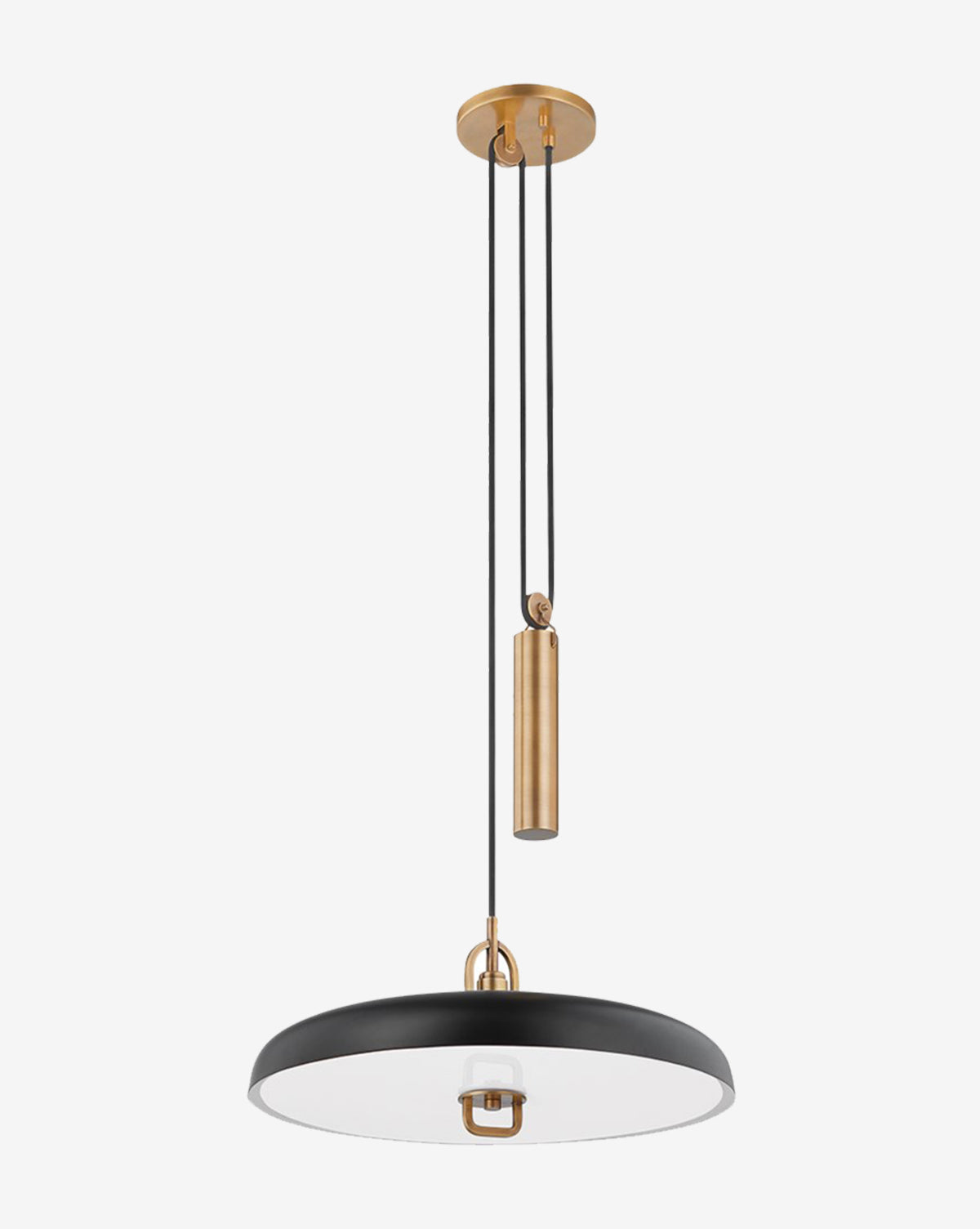 The Plummet Pendant features a modern round black and white acrylic shade, two black suspension cords, gold accents, and a cylindrical brass pull counterweight, by McGee & Co.