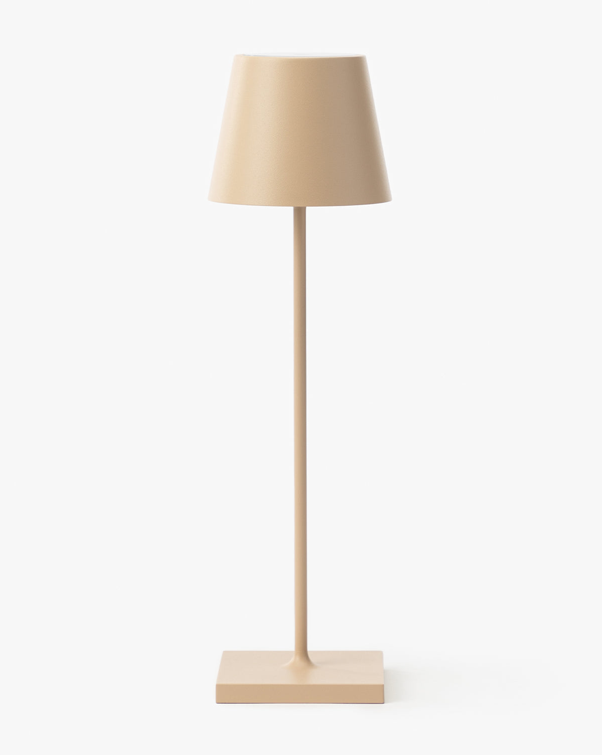 The Poldina Indoor/Outdoor Table Lamp features a minimalist beige design with a cone-shaped shade, slender straight stem, and square base, highlighting modern style against a plain white background, by McGee & Co.