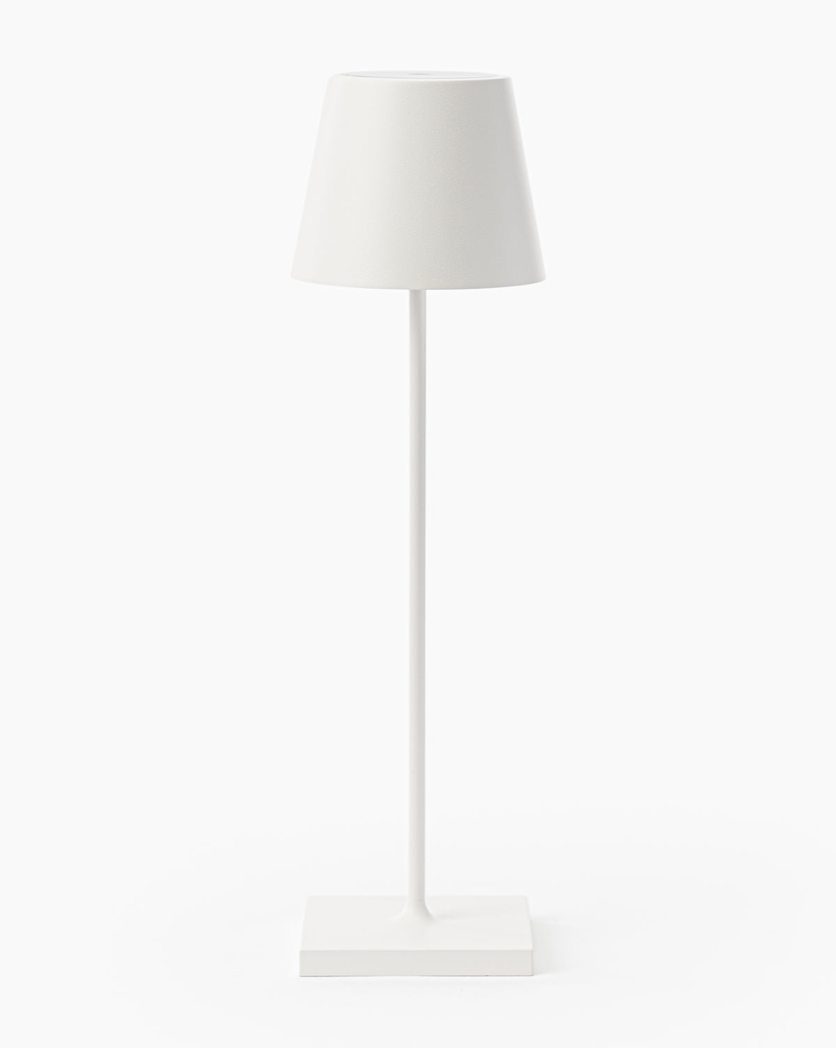 The Poldina Indoor/Outdoor Table Lamp features a minimalist design with a conical shade, slender pole, and square base in subtle metallics, exemplifying modern style against a plain white background, by McGee & Co.